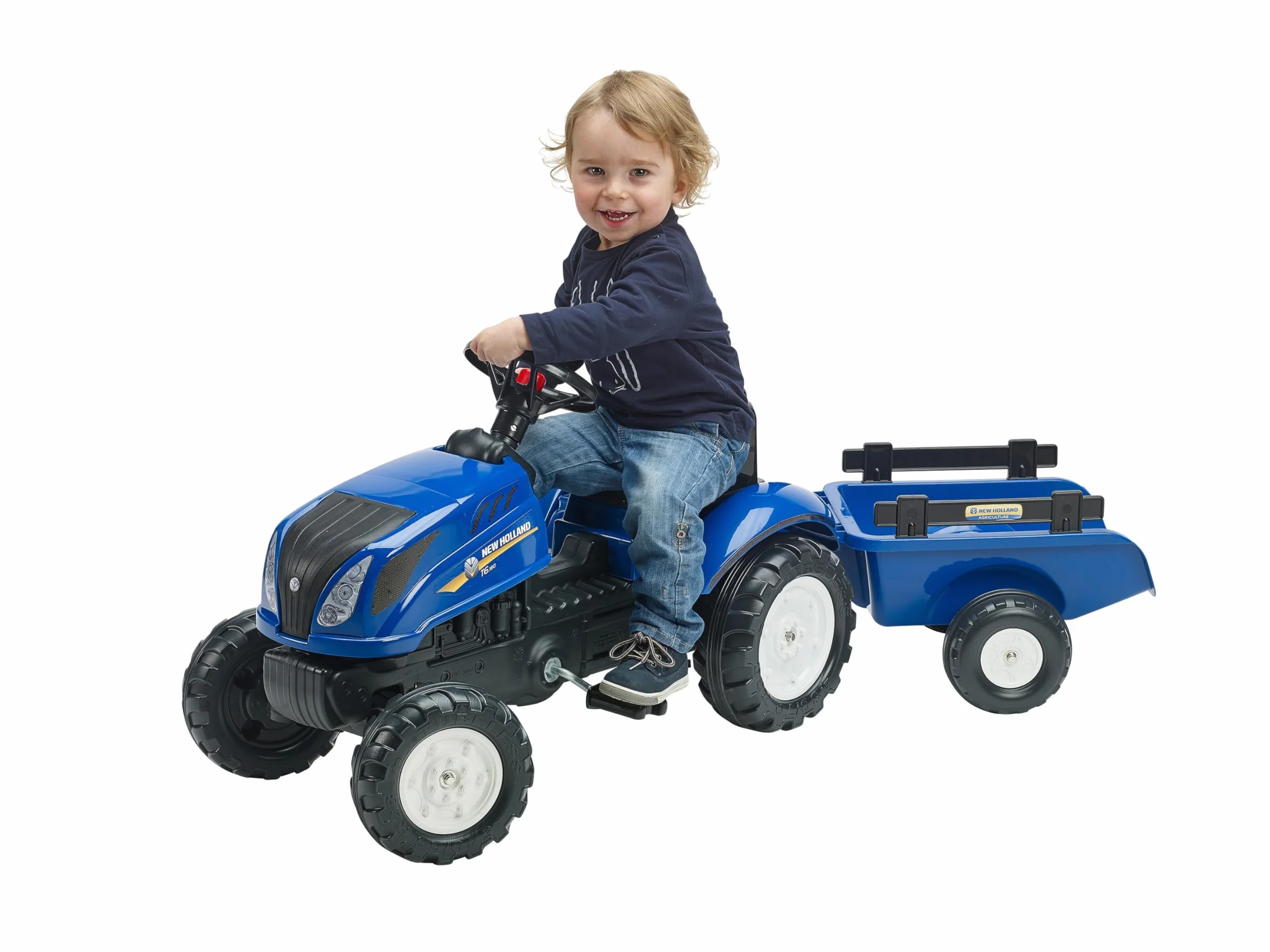 Falk - Tractor de Pedales New Holland con Remolque - A Partir de 2 años - Fabricado en Francia - Capó abatible - Volante direccional con bocina - 3080AB