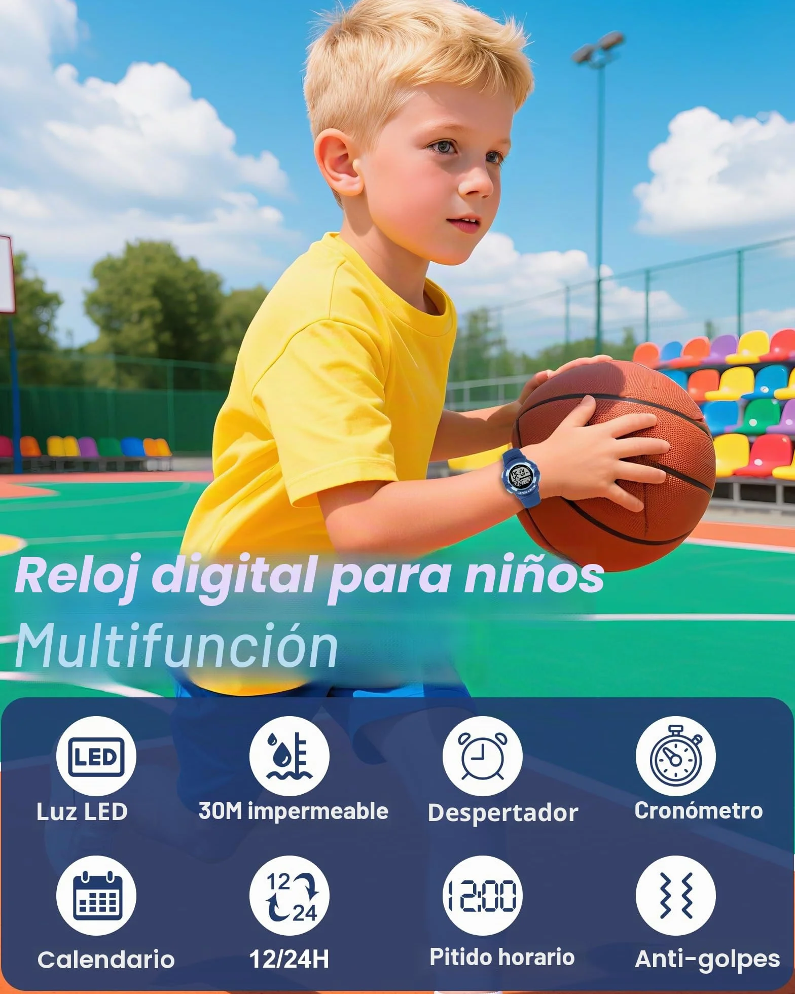 Reloj Niño Digital Infantil con 7 Luces LED, Impermeable 3 ATM, Alarma, Fecha, Cronómetro, Deportivo Pulsera
