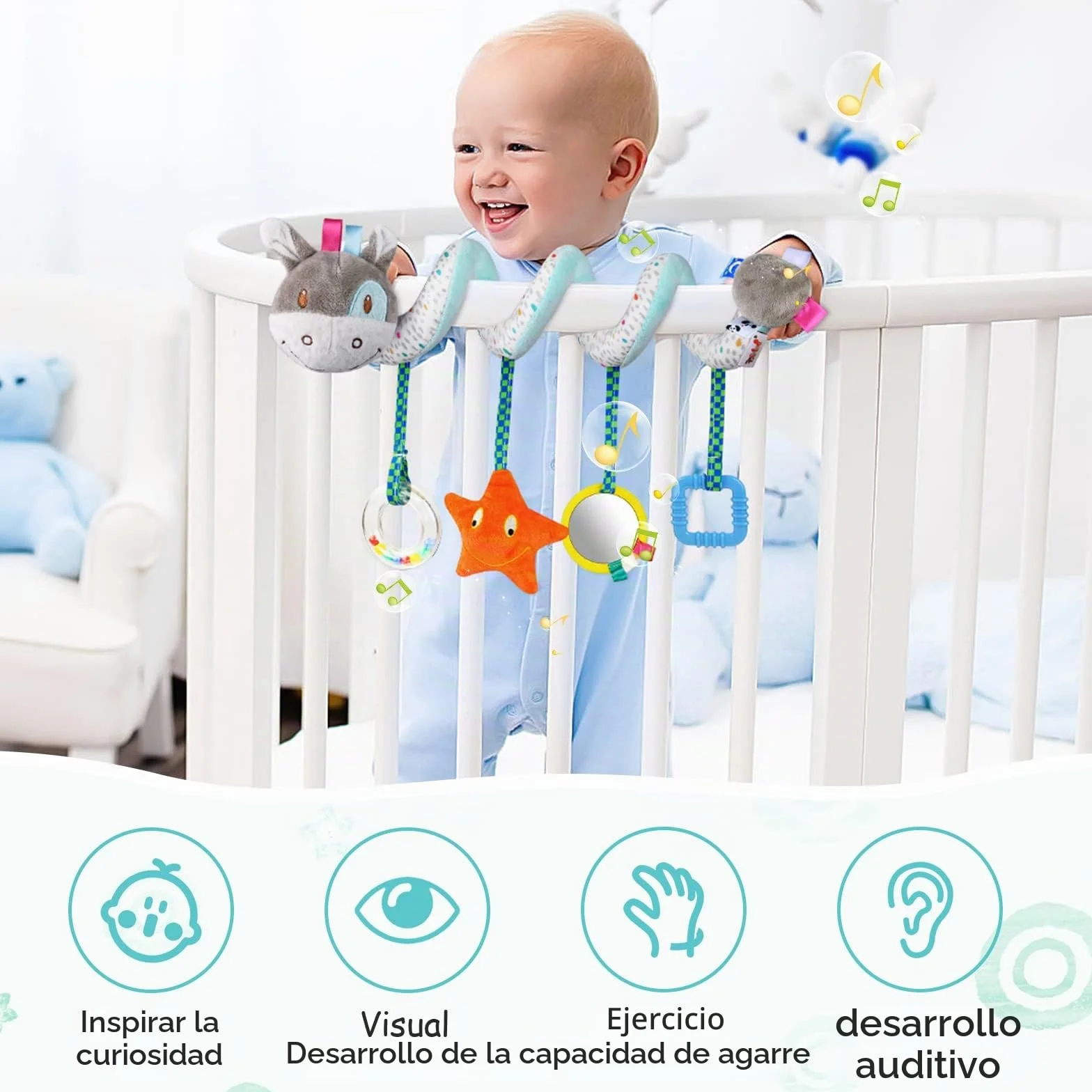 Vicloon Colgantes para Cochecitos Juguetes para Bebé de 0 a 24 Meses, Juguetes de Peluche en Espiral para Bebé con Mordedor y Sonajero, para Cochecitos/Cunas/Asientos de Automóviles (Burro)
