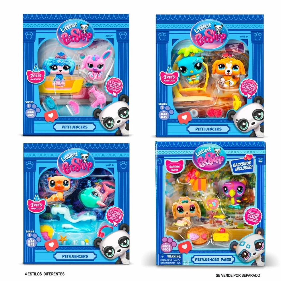 BANDAI Littlest Pet Shop Pack PETFLUENCERS DIVERSIÓN Selfie BF00563 Incluye 2 Mascotas, 4 Accesorios, 1 Fondo, 1 Tarjeta de coleccionista, 1 código Virtual, Generación 7, Mascotas #46 y #47, 4 años+