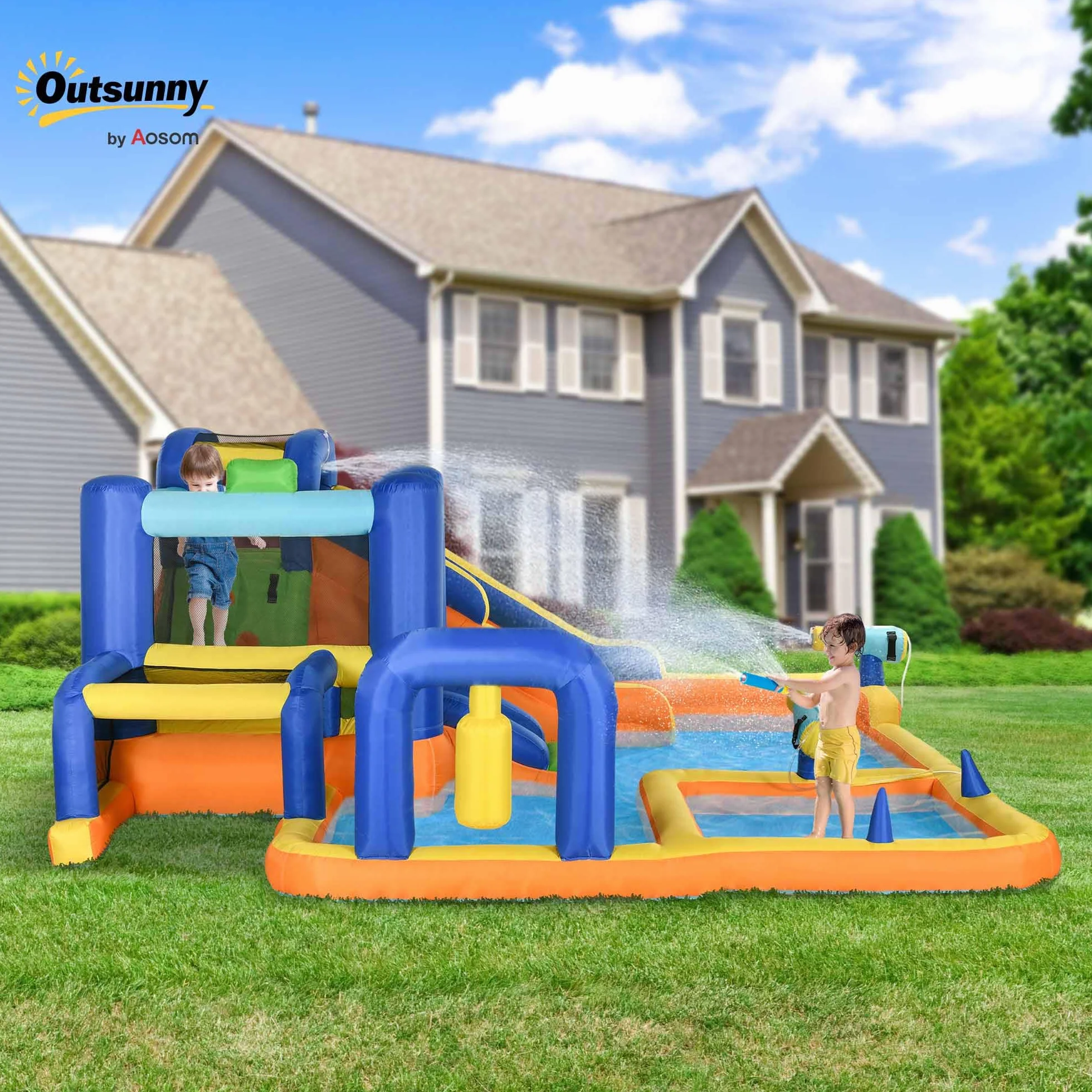 Outsunny Castillo Hinchable Infantil 7 en 1 Castillo Hinchable para Niños Parque Acuático con Tobogán Piscina Muro de Escalada Inflador y Bolsa de Transporte 430x420x200 cm Multicolor