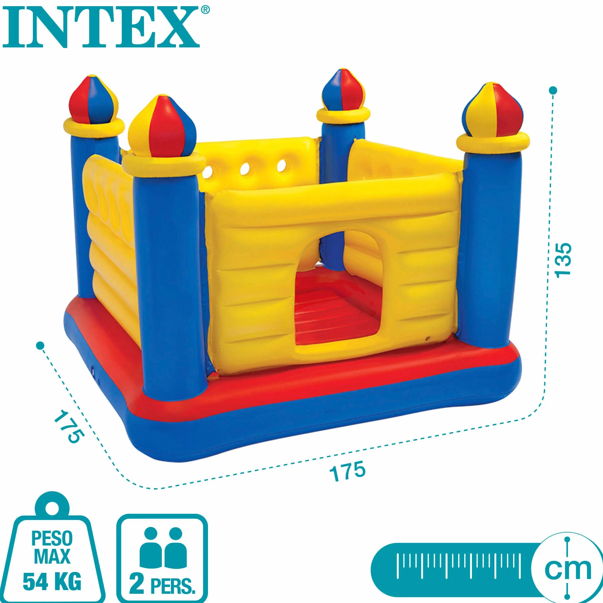Intex 48259NP - Castillo hinchable INTEX, 175x175x135 cm, suelo hinchable, Para 2 niños, Peso máximo 45 Kg, Color rojo, amarillo y azul, Castillos hinchables infantiles