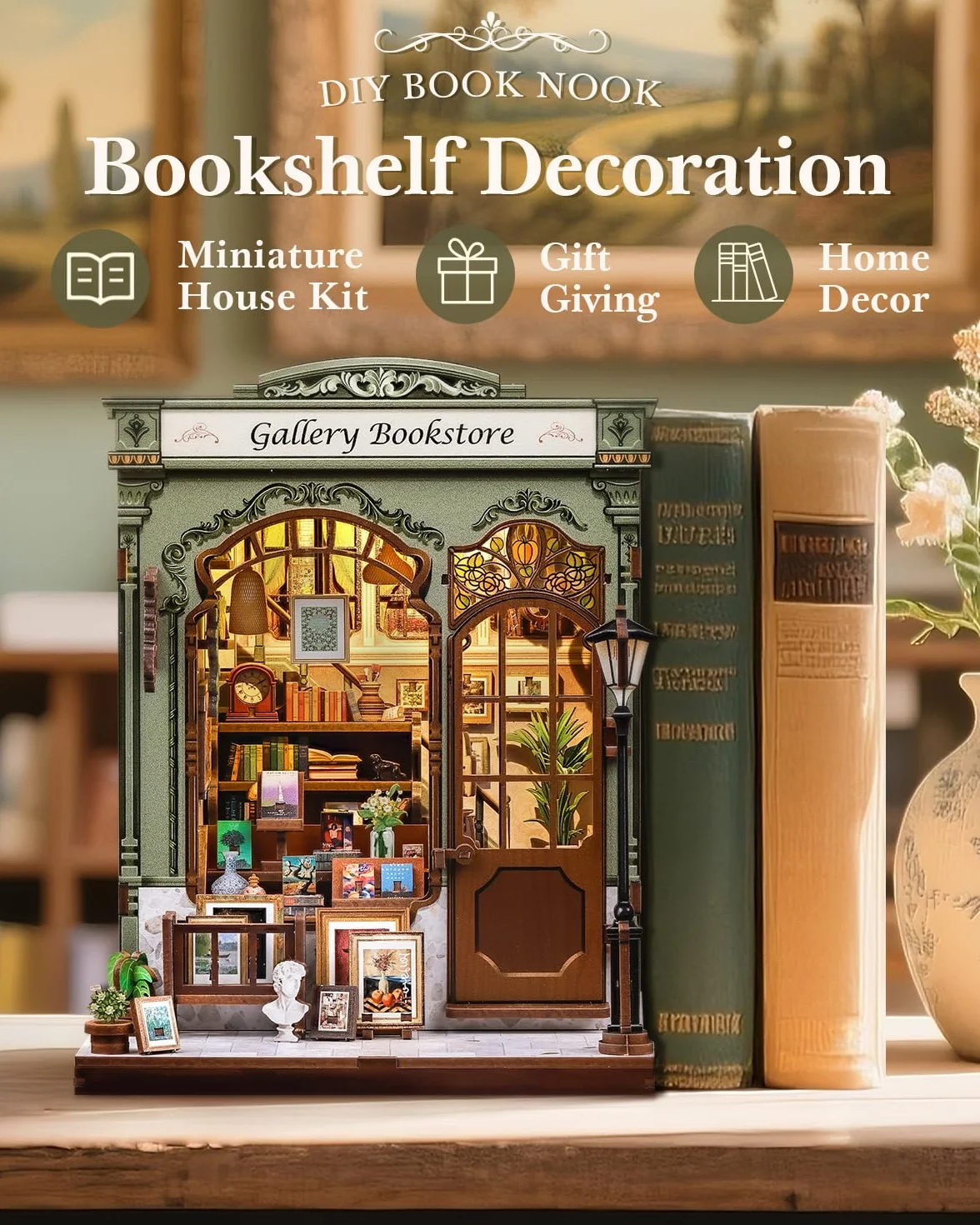 CUTEBEE Book Nook -Casa De MuñEcas Construye A Sí Mismo, Una Casa En Miniatura Retro Y ArtíStica, Bookend De Puzzle De Madera 3D, DecoracióN Creativa De EstanteríA, Regalos（Gellery Bookstore）