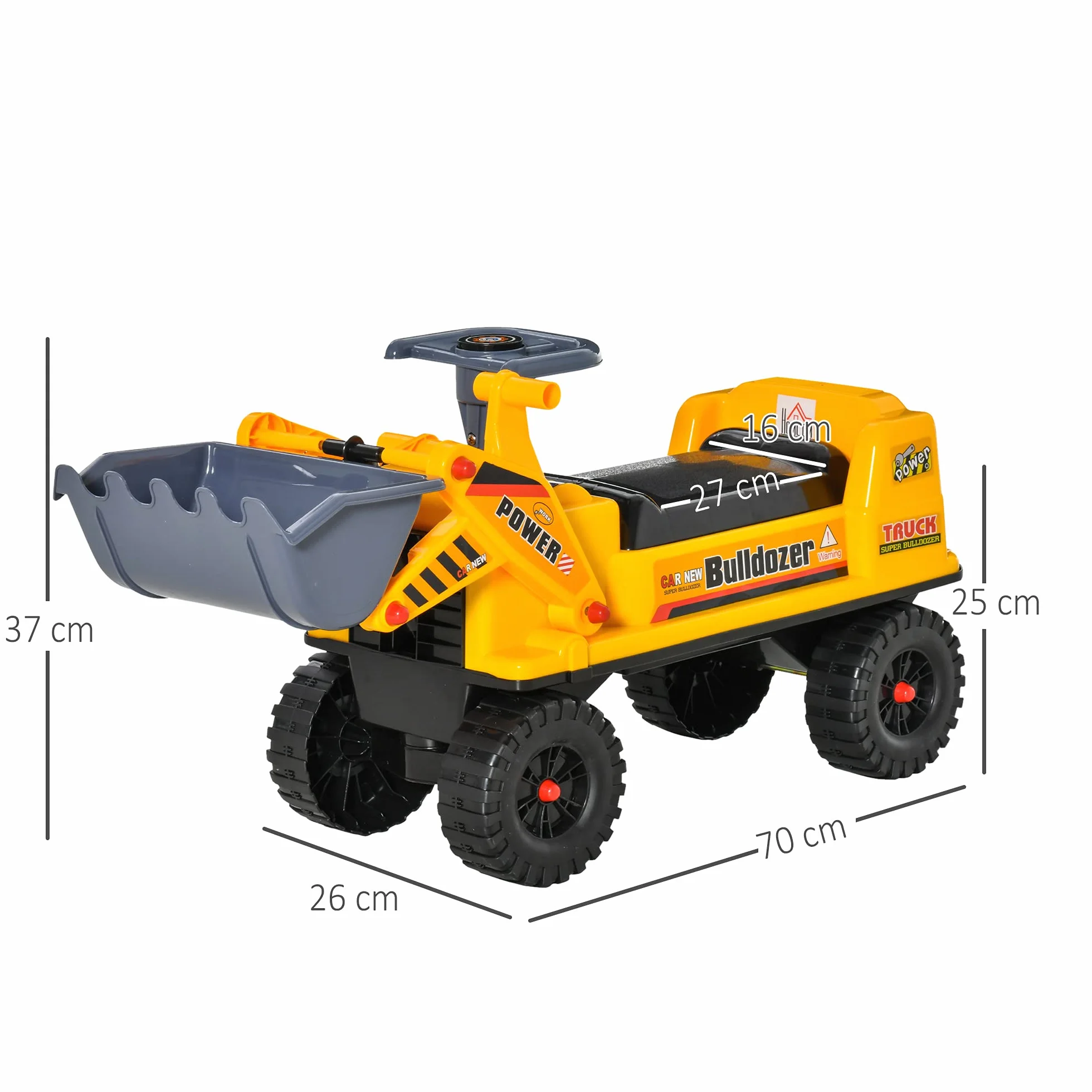 HOMCOM Camion Correpasillos Tractor sin Pedales para Niños de 2-3 Años con Pala Excavadora Espacio de Almacenaje Oculto y Bocina 70x26x37 cm Amarillo