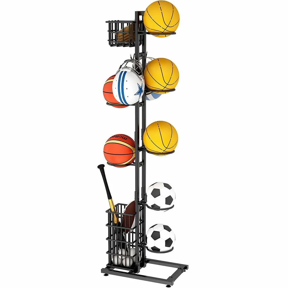 NUODWELL Estante de almacenamiento de pelotas, organizador deportivo con cesta y ganchos, estante de baloncesto de metal, para garaje y hogar