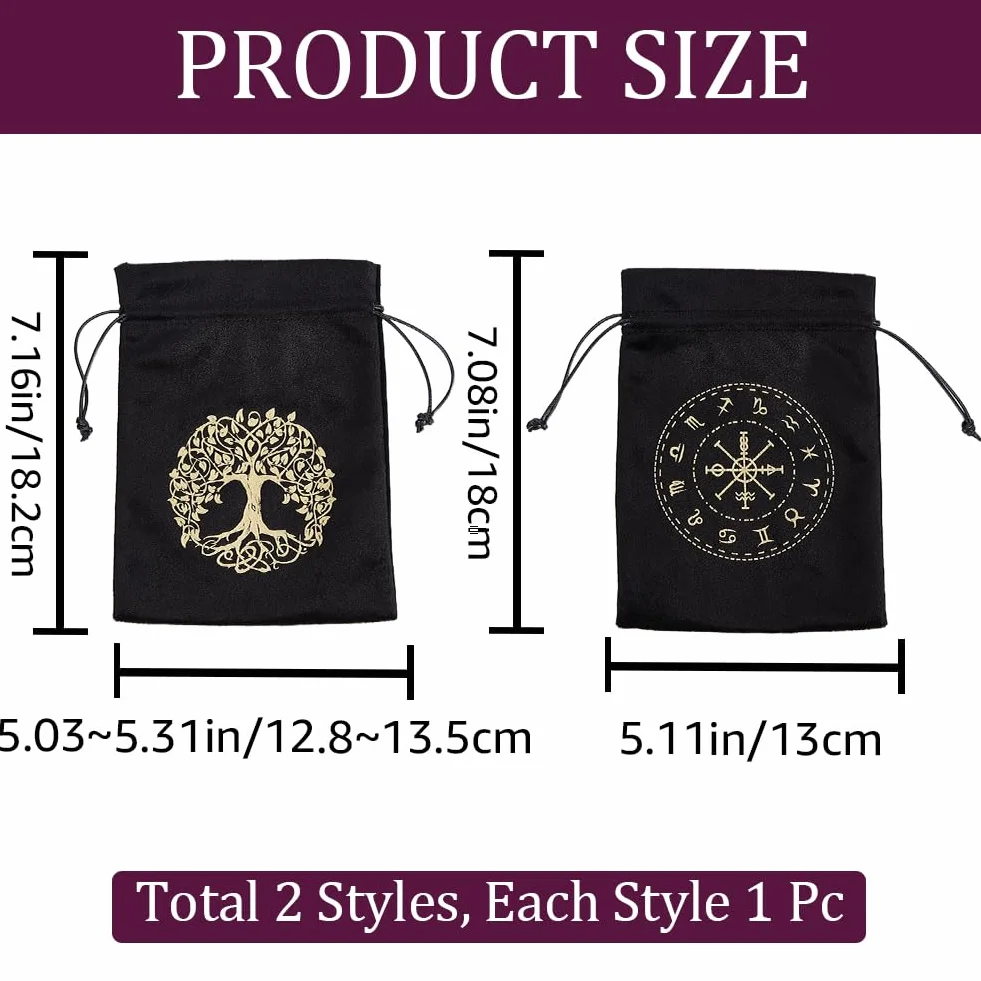 CREATCABIN 2 Bolsa Tarot Terciopelo Almacenamiento Tarjetas Tarot,12 Constelaciones,Bolsa Árbol la Vida,Soporte para Runas con Cordones,Grande para Cartas Tarot,Joyería Cristal,Dados,18x13cm,Negro