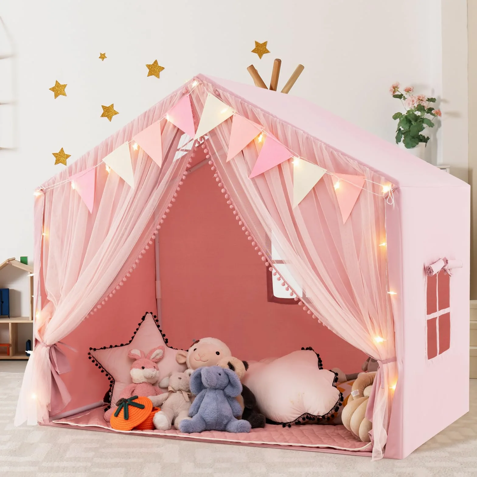 HOMASIS Tienda de Campaña Infantil con Colchoneta de Algodón, Casitas Infantil Tela de Interior con Luces, Cortina y Banderas, Cabañas para Niños a Partir de 3 Años, 146x96x133cm (Rosa)