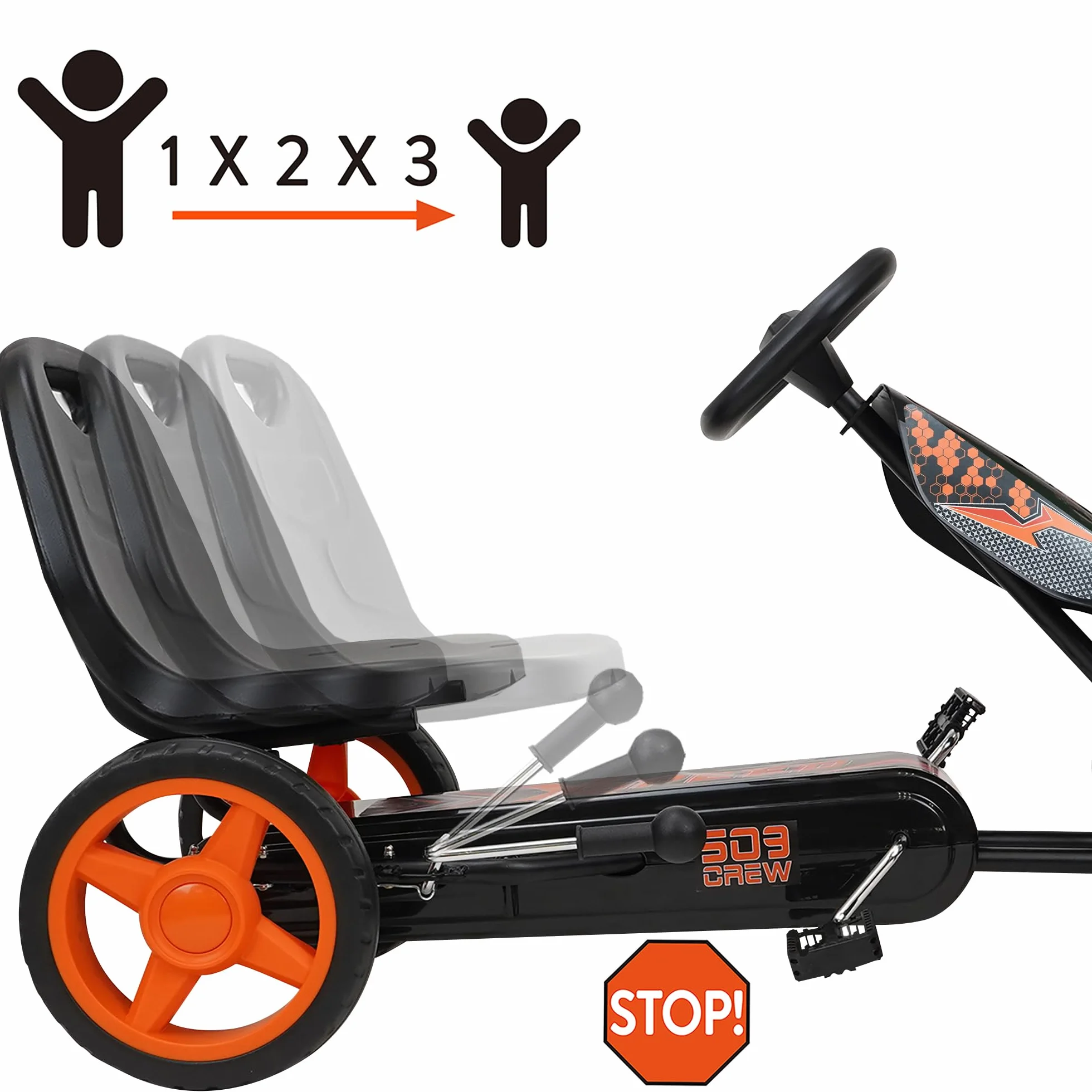 509 Crew XSpeed pedal karts - naranja, scooter, gráficos deportivos delanteros, asiento ajustable, ruedas de 4 radios con diámetro de 25 cm, con freno de mano, a partir de 4 años