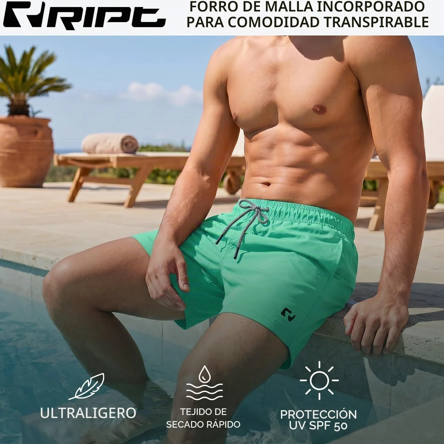 Bañador Hombre Secado Rápido UV50 – Pantalón Corto con Forro Malla para Playa Natación Surf