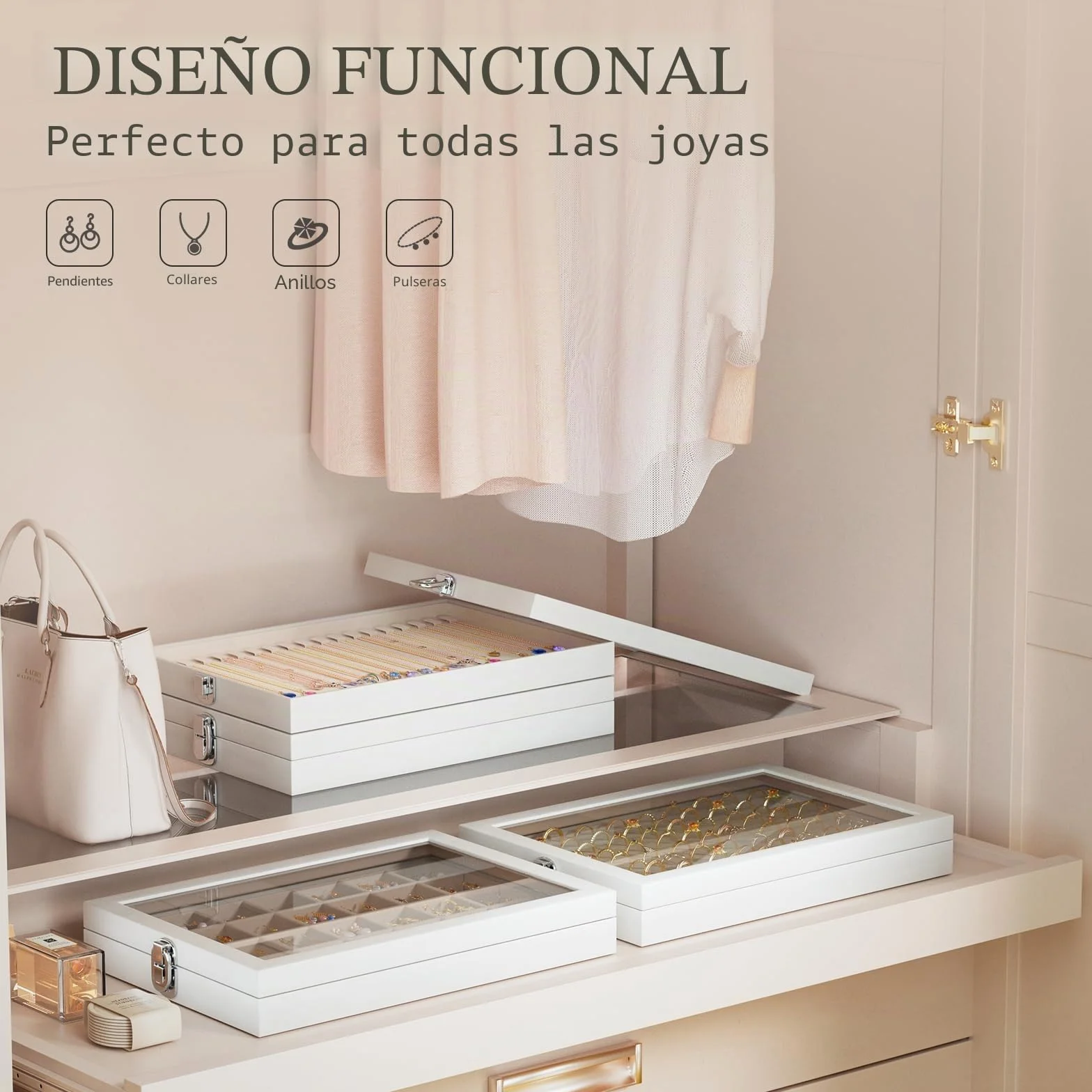 Lolalet Bandeja Organizadora para Collares con Tapa, 18 ganchos para Joyas Caja de Almacenamiento para Cajón -Beige