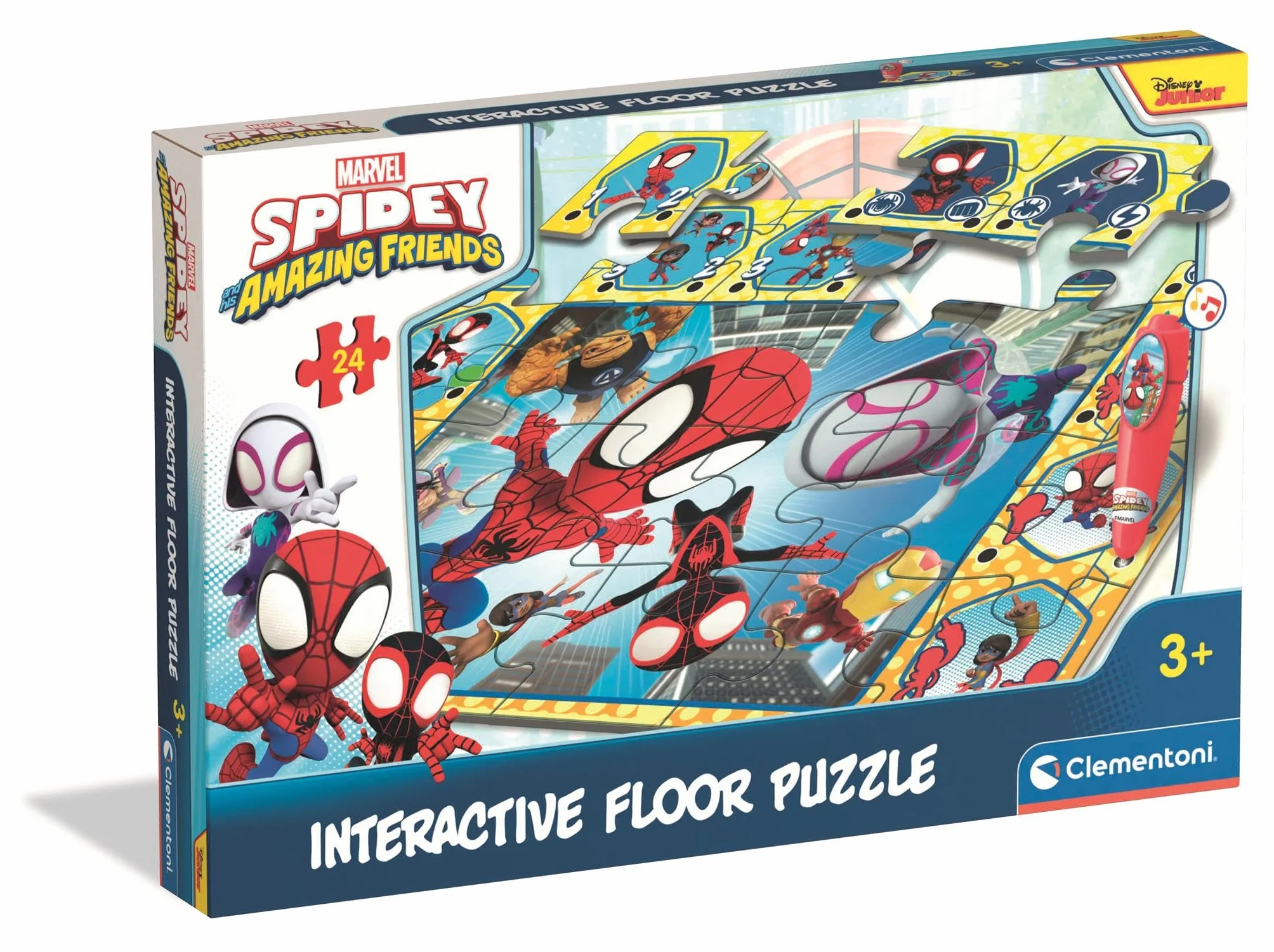Clementoni - Puzzle Interactivo de Marvel Spidey and His Amazing Friends para Suelo - 24 Piezas, Pen Interativa, Desarrollo Autonomía y Concentración, 3+ Años, 62x42 cm, 16686