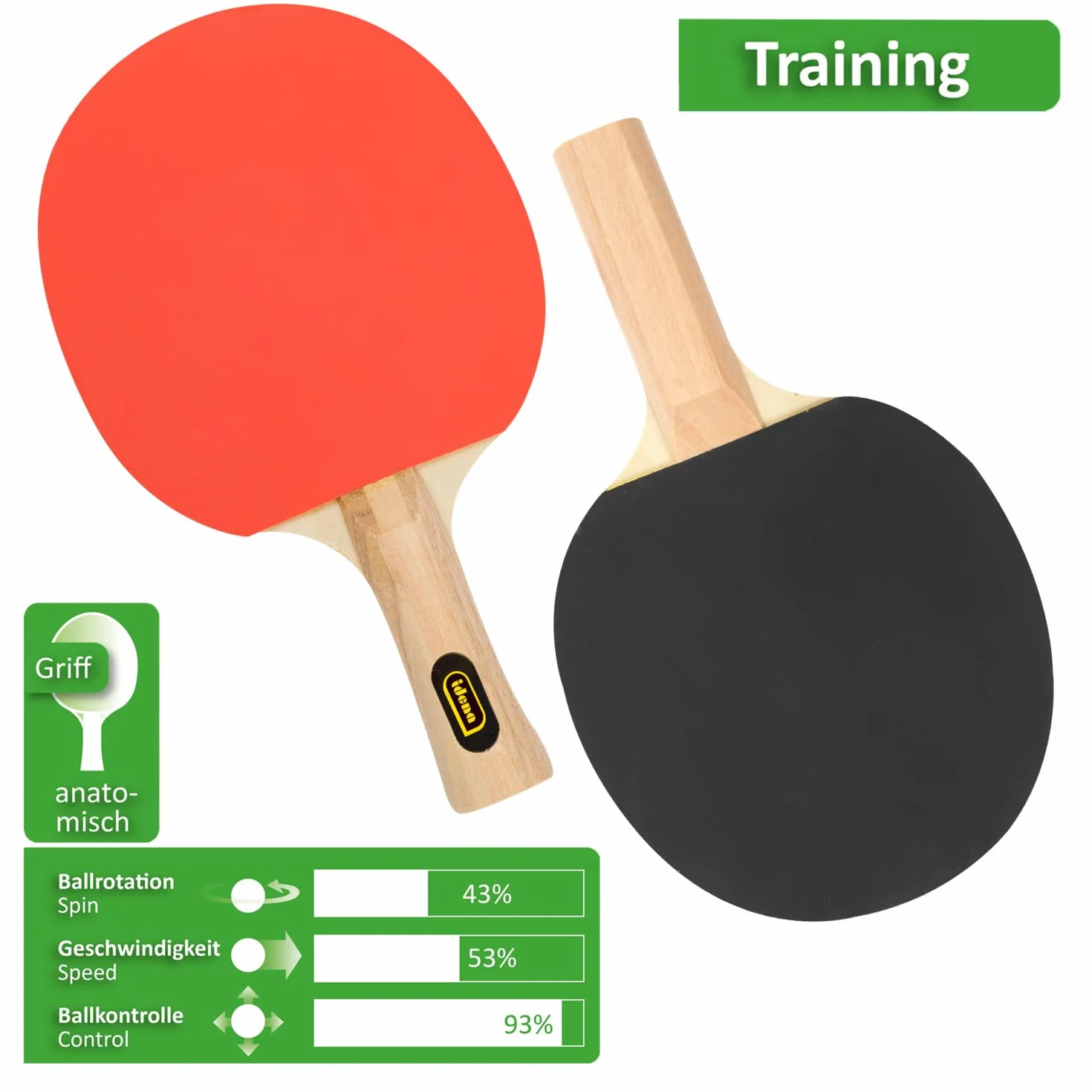 Idena 40202 - Pala de Tenis de Mesa de Entrenamiento, con Mango de Madera y Revestimiento de Goma en Rojo y Negro, Pala para Principiantes, Clubes y Tiempo Libre