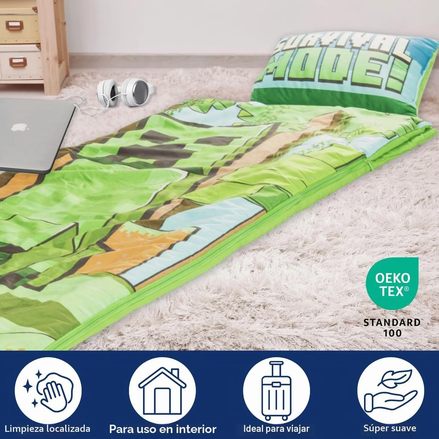 Set de 2 con Almohada y Manta de Creeper de Minecraft, Suave Saco de Dormir Infantil con Bolsa y Almohada, para Fiestas de Pijamas, Viajes y acampadas