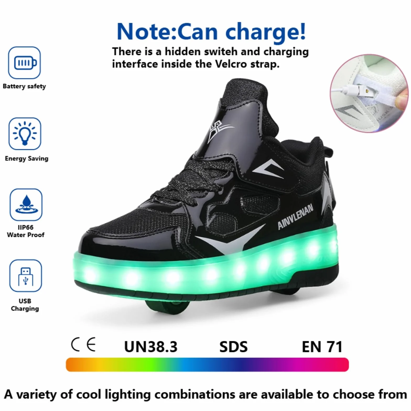 Zapatillas para niños con Dos Ruedas, luz Ajustable Cambio de Color, Carga USB, universales 27–40 EU