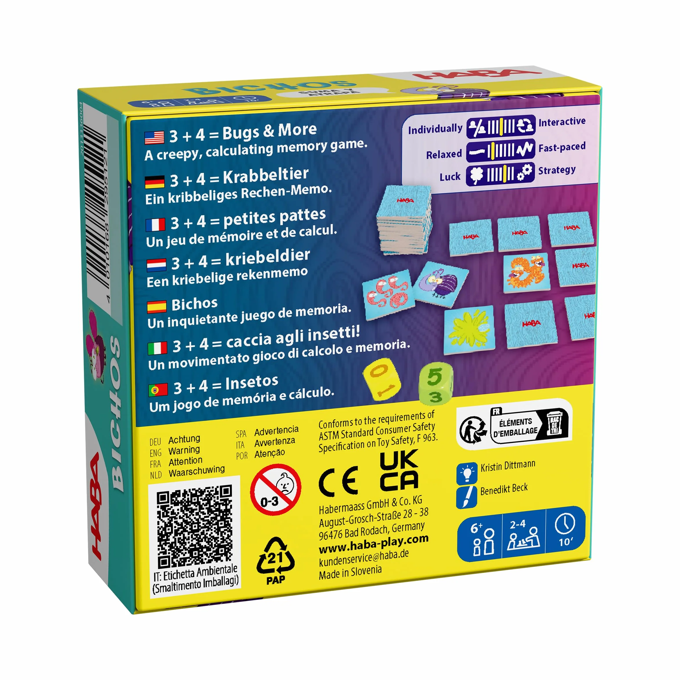 HABA 2013336004 - Bichos, Juego Infantil de Mesa de Memoria y cálculo Mental (Sumas hasta 10). Más 6 años
