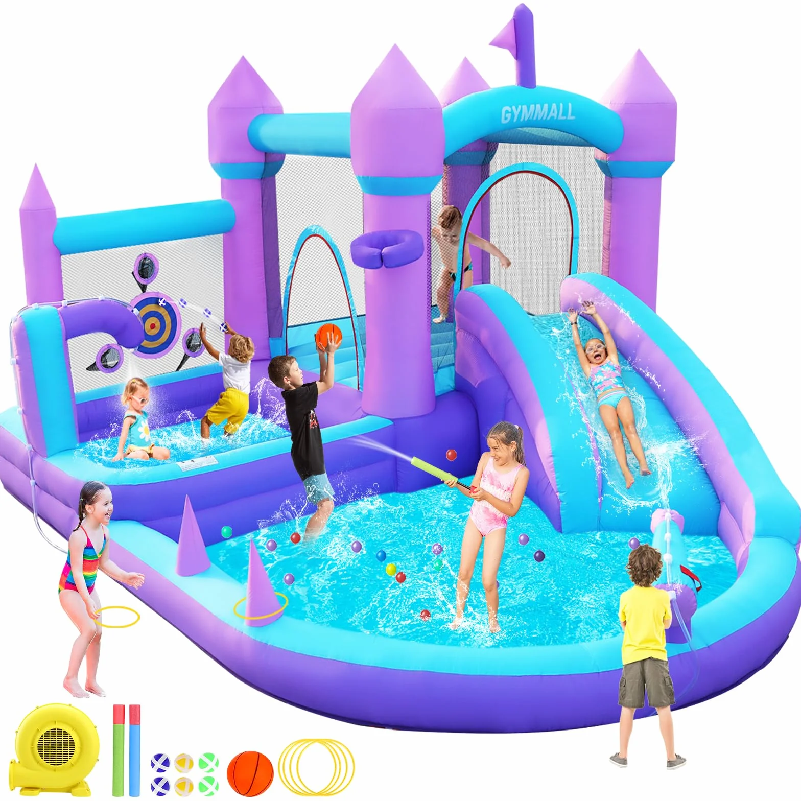 Castillo Inflable para Niños de 3-8 años, Casa de los Sueños Morada con Tobogán de Agua y Soplador de 480W, Gran Castillo Inflable con Zona de Salto, Piscina de Bolas, Alberca