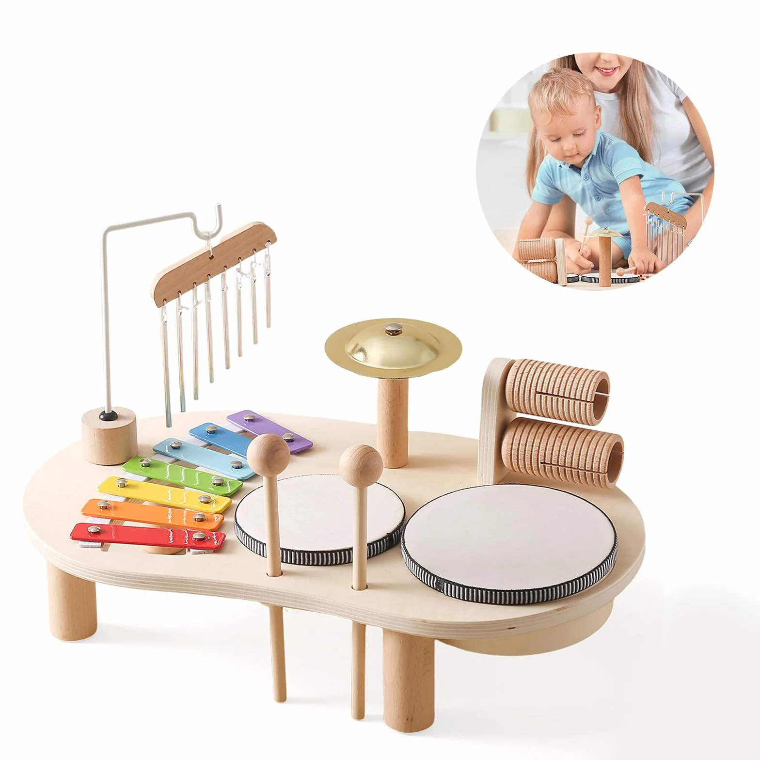 Juego De Tambores para Bebés 7 En 1, Juguetes Musicales De Piano De Madera, Instrumento Montessori Infantil, Instrumento De Percusión Educativa, Regalo De Cumpleaños para Niños Y Niñas, A