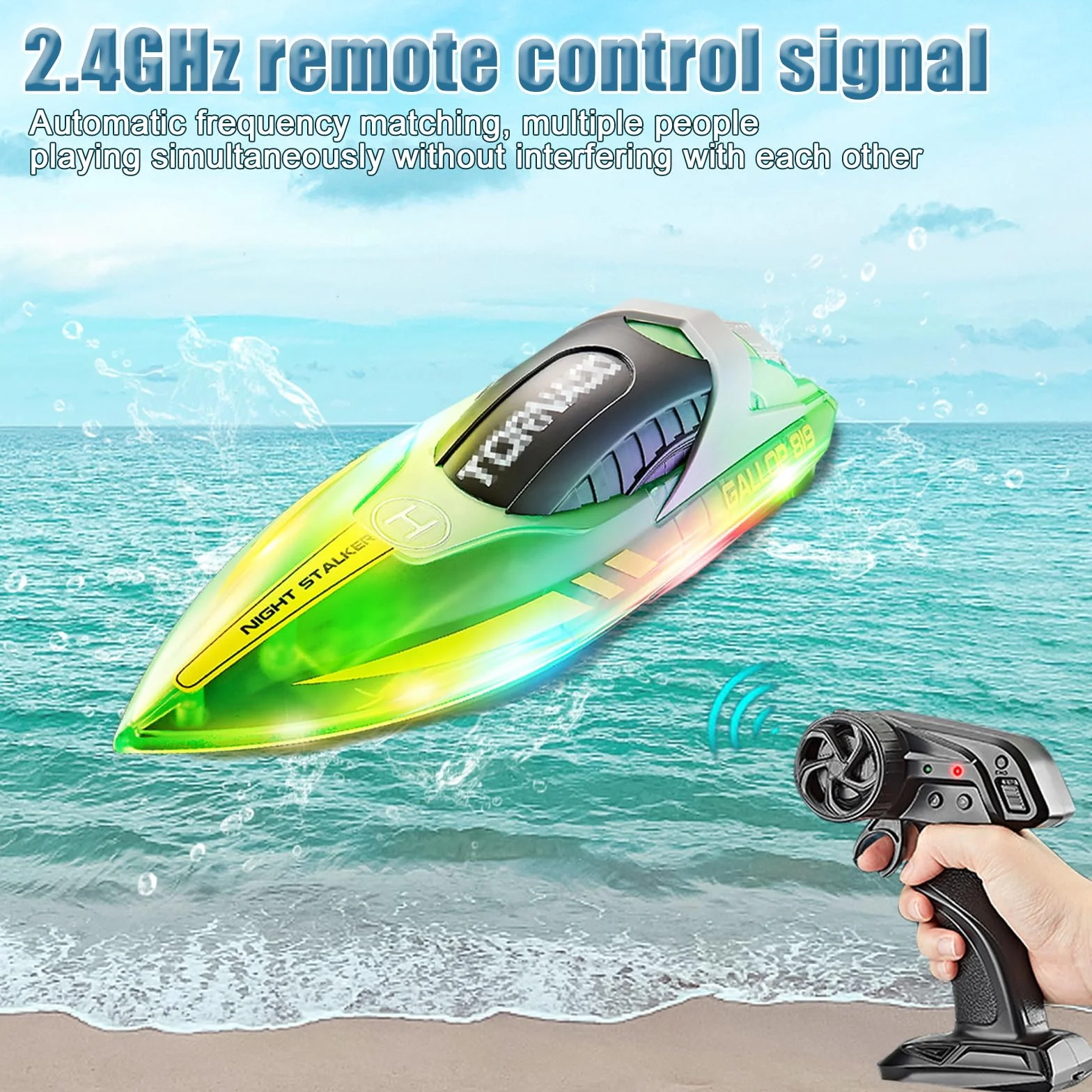 Barco Teledirigido, Barcos de Carreras de 2,4 GHz para Piscinas y Lagos, Barco RC con Luces LED y Alarma de Batería Baja, Barco de Control Remoto para Niños y Adultos (Verde)