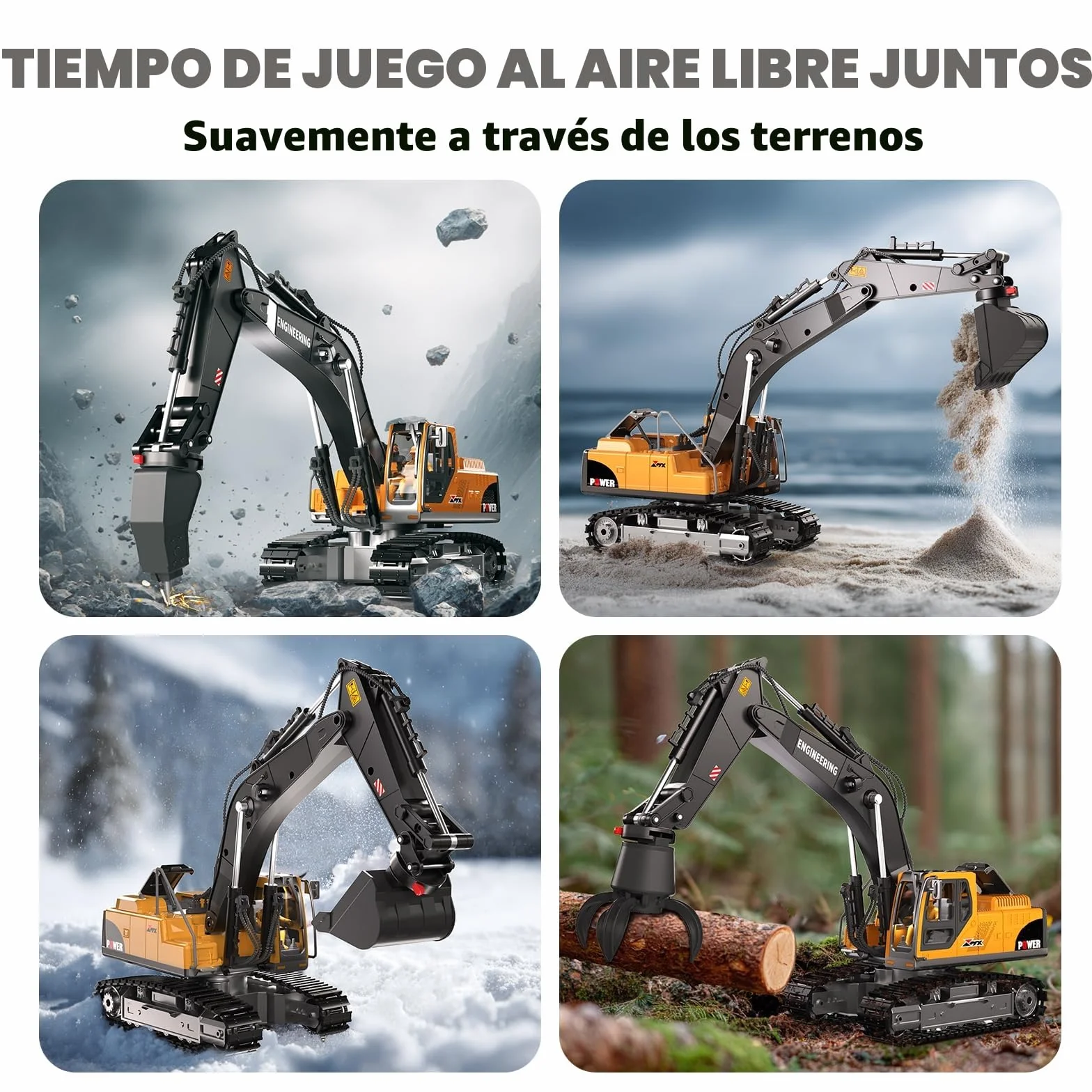 GraceDuck Excavadora Juguete RC 2.4GHz 3 en 1 Control Remoto Pala Aleación Trituradora Garra Giro 680°