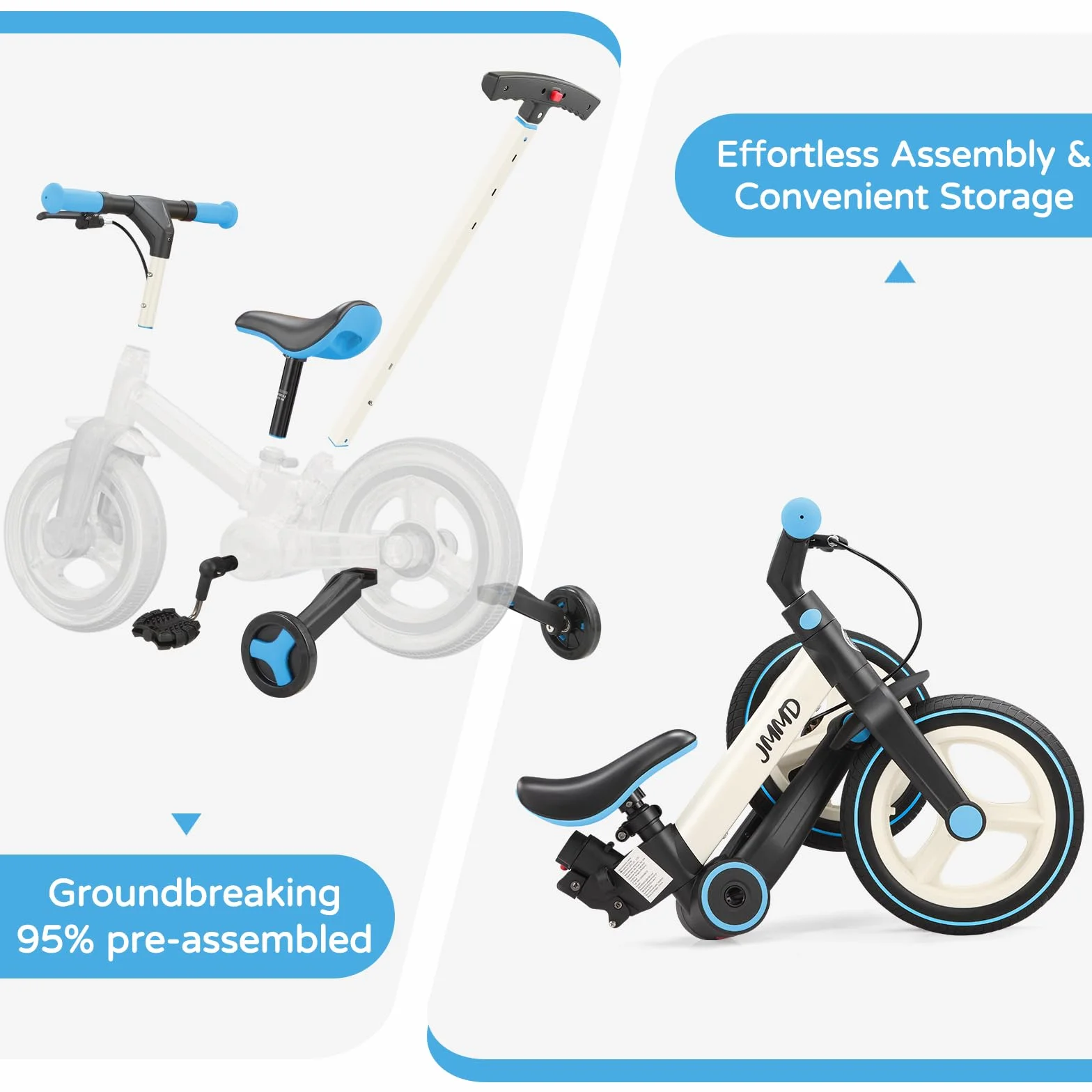 JMMD Bicicleta 6 en 1 para Niños Pequeños con Ruedas de Entrenamiento y Pedales, Edad 18 Meses a 5 Años, Bicicleta de Equilibrio y Pedal 12" Transformable y Plegable