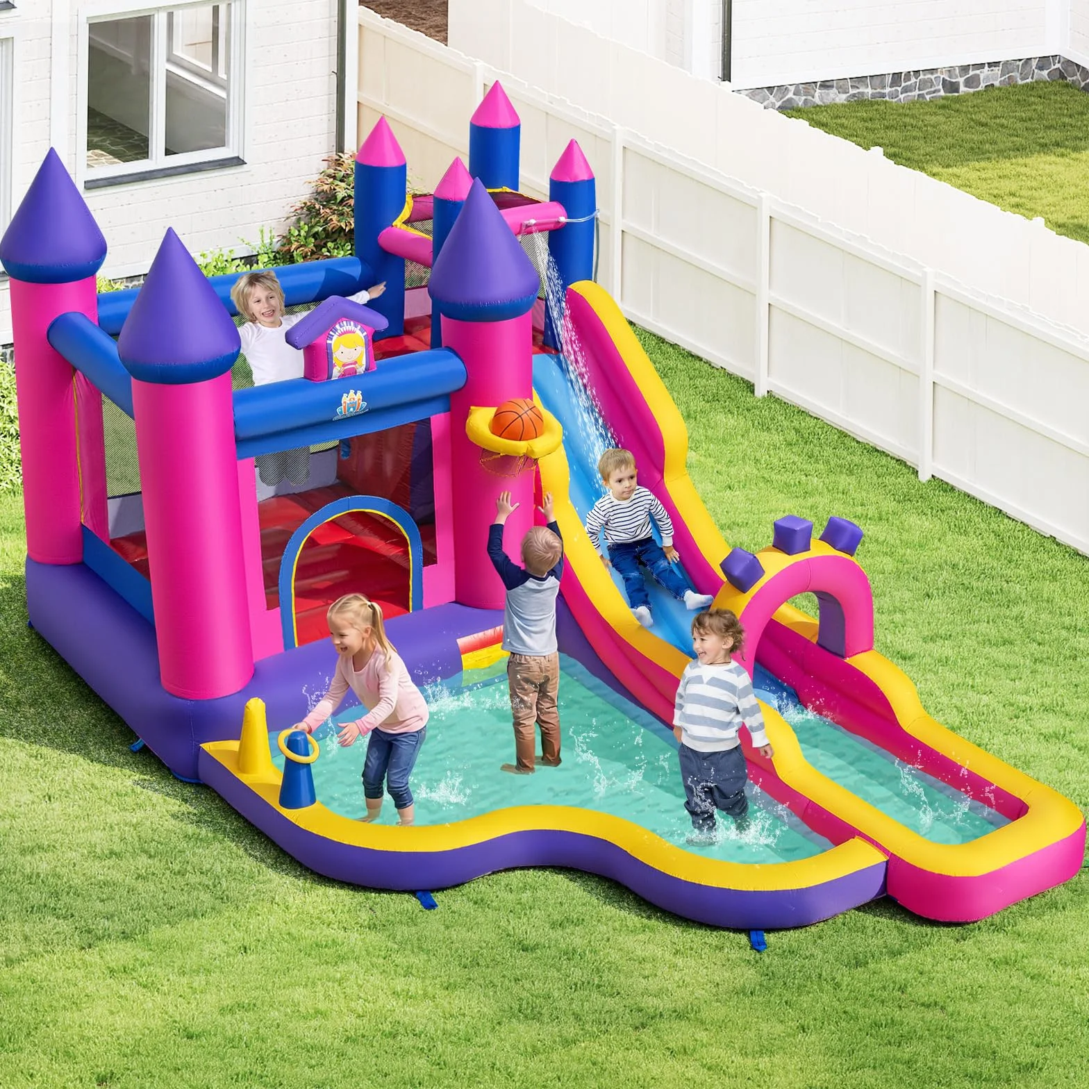 COSTWAY Castillo Hinchable para Niños, Parque Infantil Acuático Tema de Princesas con Tobogán Largo, Canasta de Baloncesto, insuflavel criança para Niños, Jardín, Césped, 460x290x245 cm (sin Soplador)
