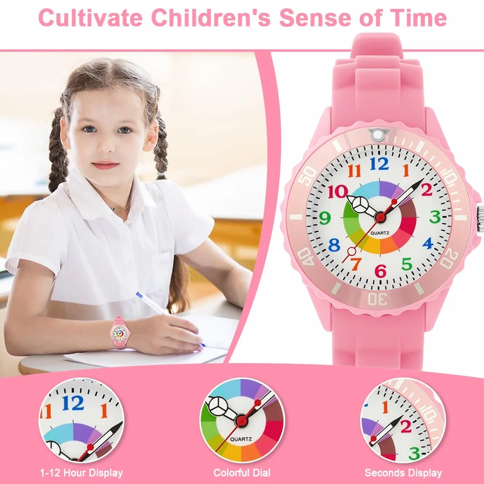 Reloj de Aprendizaje para Niños Impermeable, Analógico con Correa Suave y Esfera Colorida