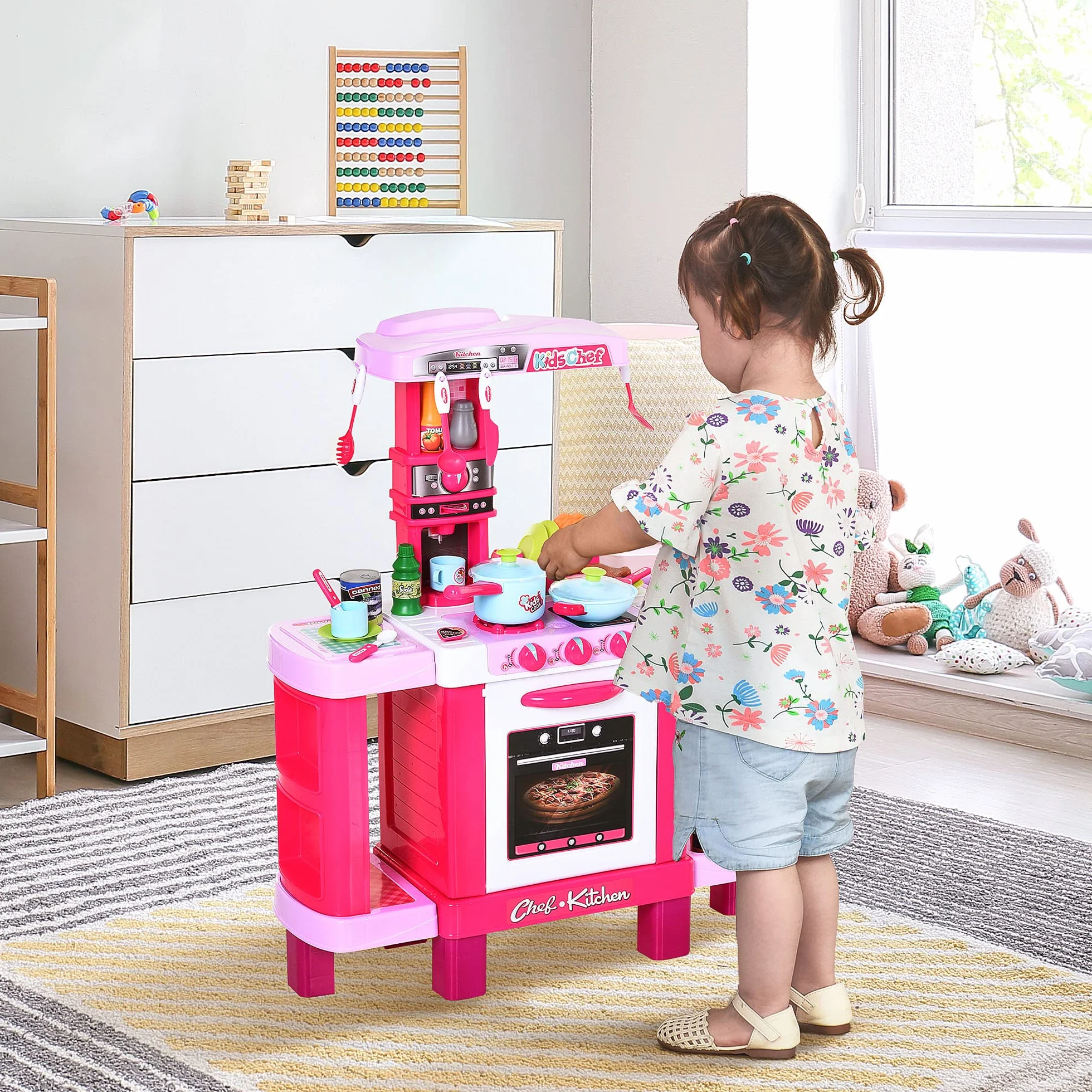HOMCOM Cocina de Juguete para Niños 38 Accesorios Luz Sonido 78x29x87 cm Rosa