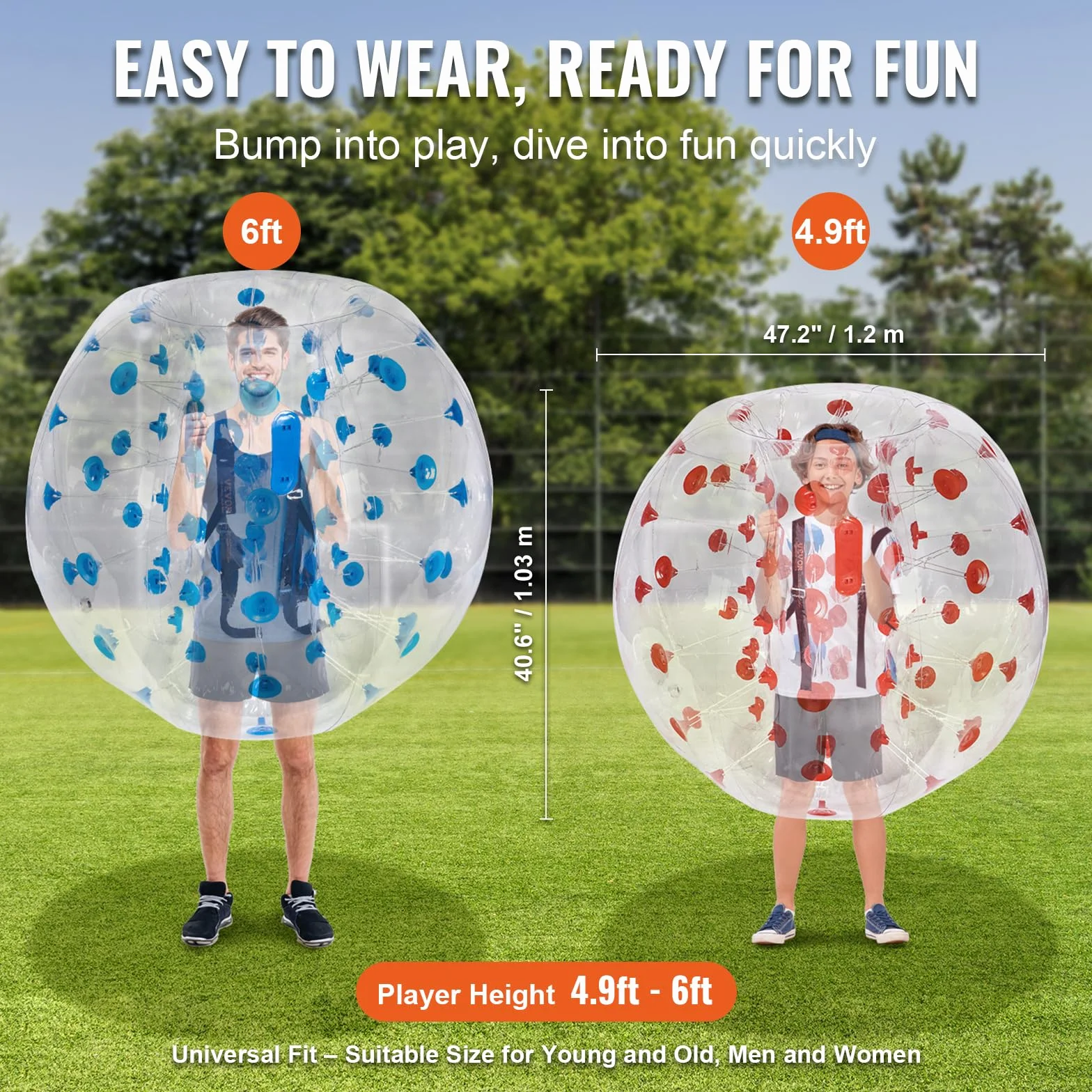 VEVOR Bola de Choque Inflable 2 Piezas 1,2 m x 1,03 m Bola de Colisión Humana y Rebote de Burbujas Cuerpo de PVC Parachoques Inflable de Puntos Rojo+Azul
