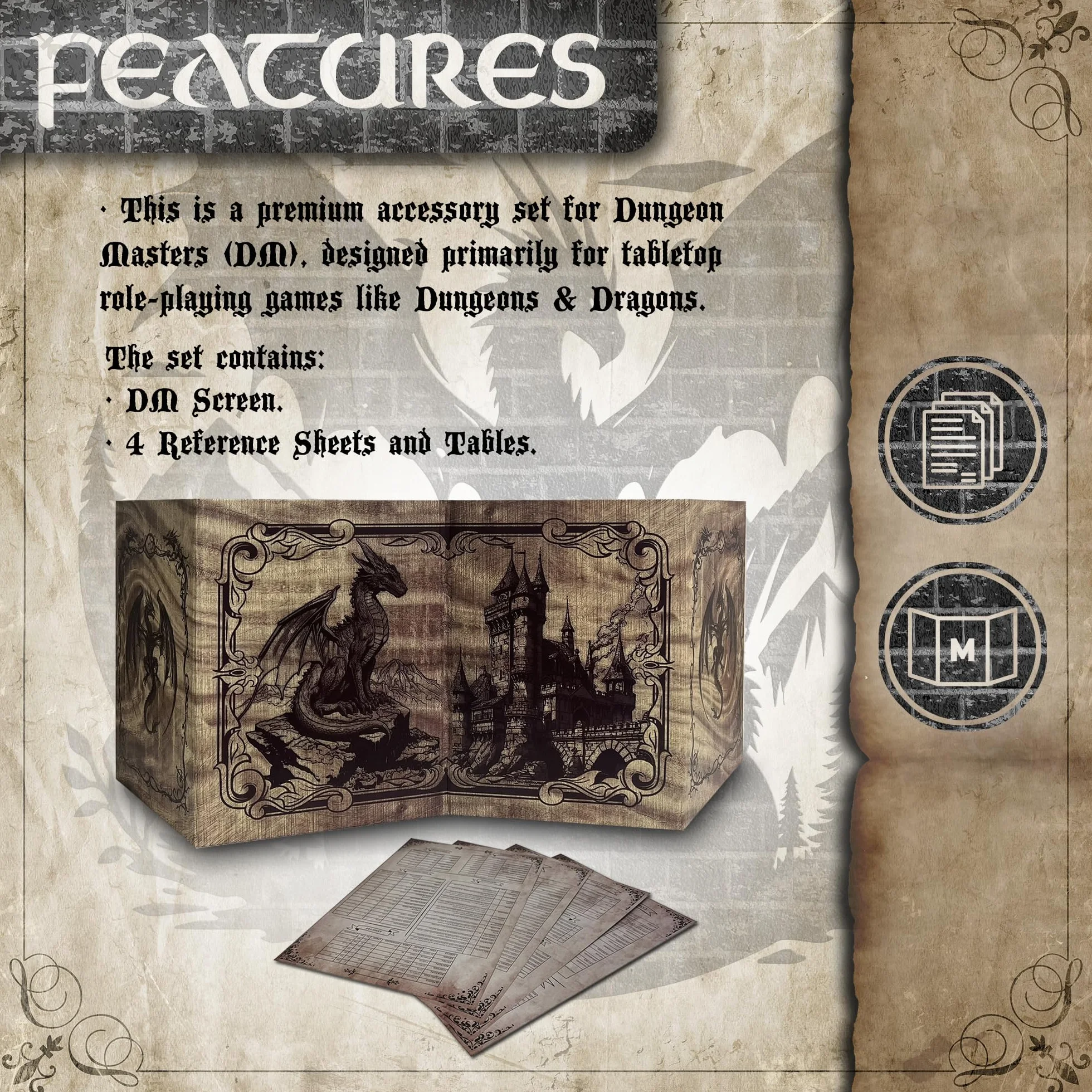 Pantalla Dungeon Master - DOJA Hobbies - DM Screen Plegable 4 Paneles Acabado Liso, con Bolsillos y Plantillas Incluidas Personalizables, Accesorio para Dungeons and Dragons y Juegos de rol