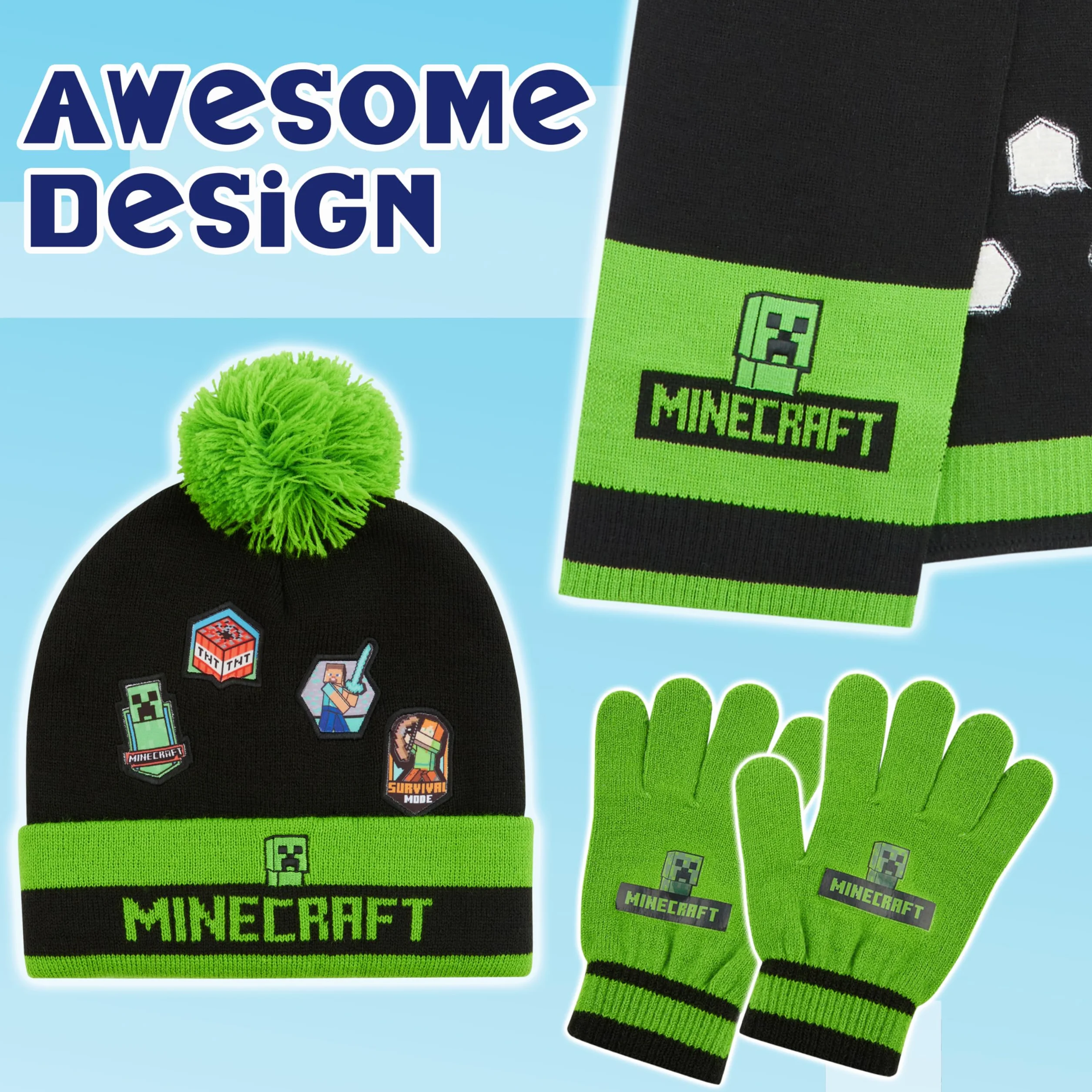 Minecraft Gorro Invierno Set 2-3 Piezas Gorro Pompón Guantes Bufanda Accesorios Regalos Niños