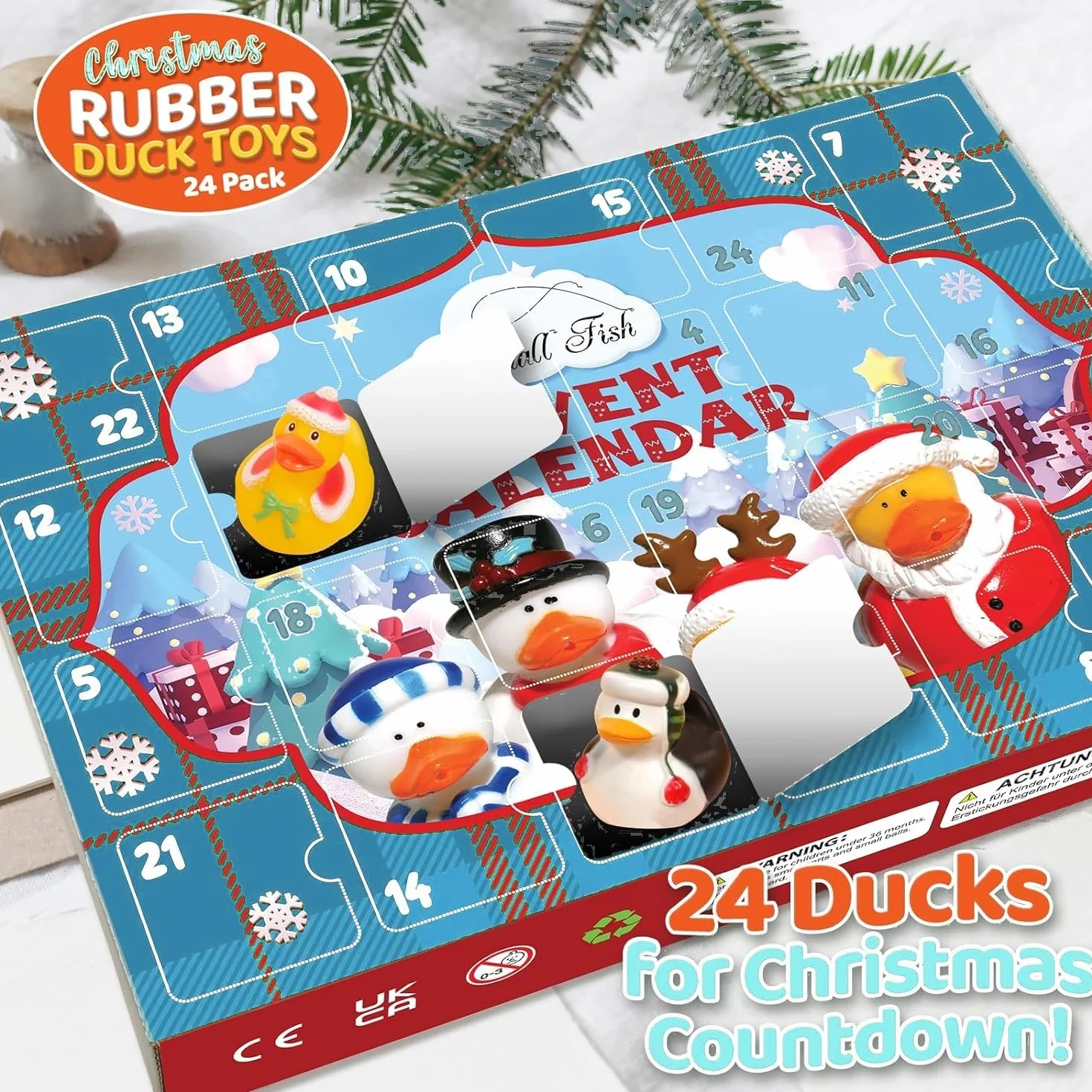 LATERN Calendario de Adviento 2025, Cuenta Regresiva Navideña de 24 Días con 24 Patitos de Goma Divertidos Juguetes de Baño Duckie para Navidad Decoración Favor de Fiesta Regalos (32 x 22cm)