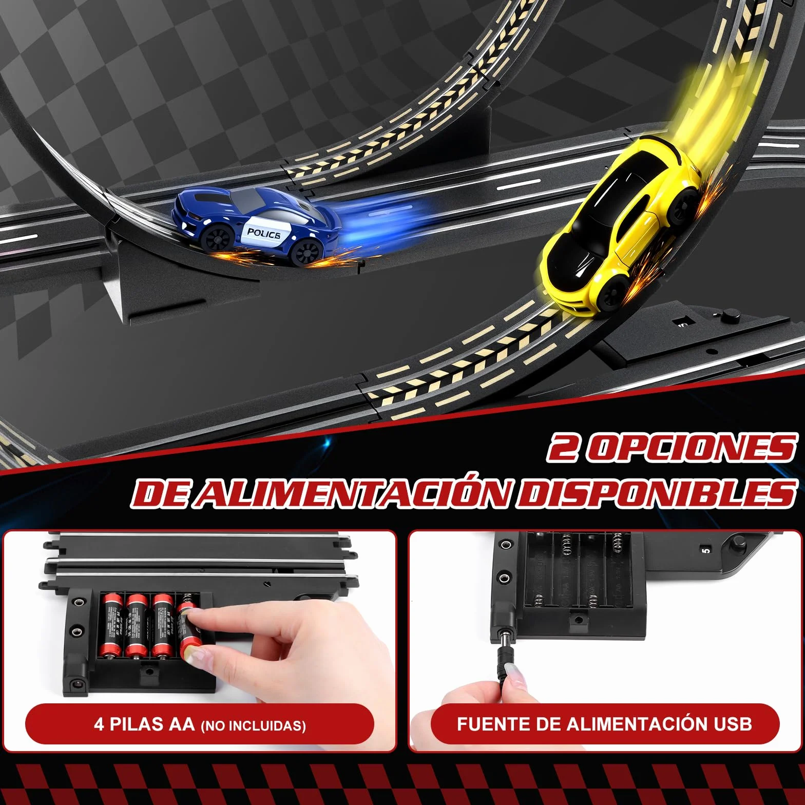 JONRRYIN Pista Carreras Electrica, Pista De Coches para Niños 1:64 Circuito Coches Pista Carreras Niños 3+ Años Juguete Regalos - 2 Coches, Bucle 360°, Contador Vueltas (308CM)