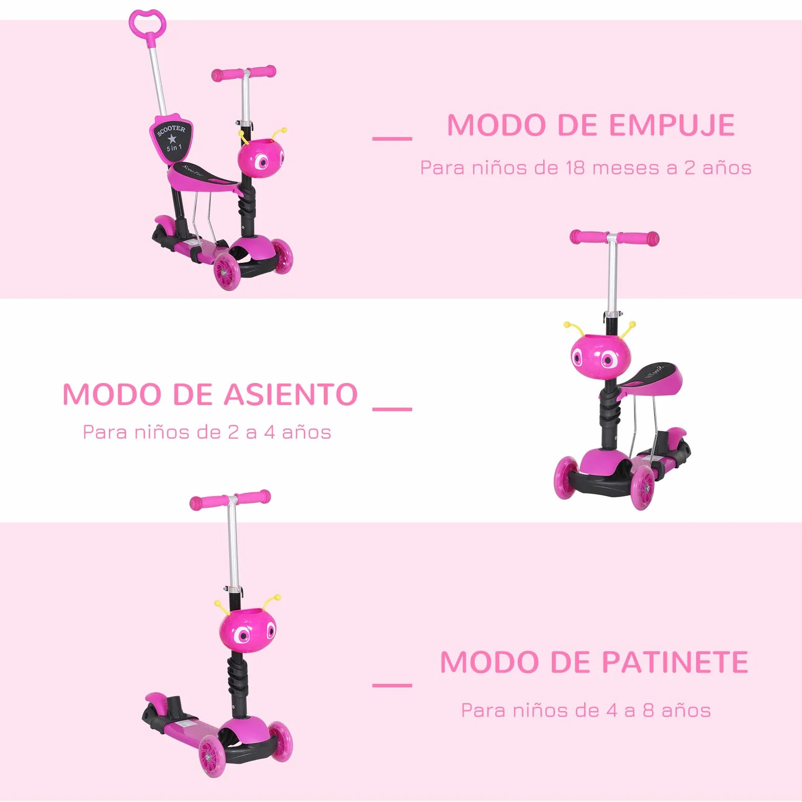 HOMCOM 3 en 1 Patinete para Niños de +18 Meses Scooter de 3 Ruedas con Asiento Extraíble Manillar Mango de Empuje Altura Ajustable 62x25x72,5 cm Rosa