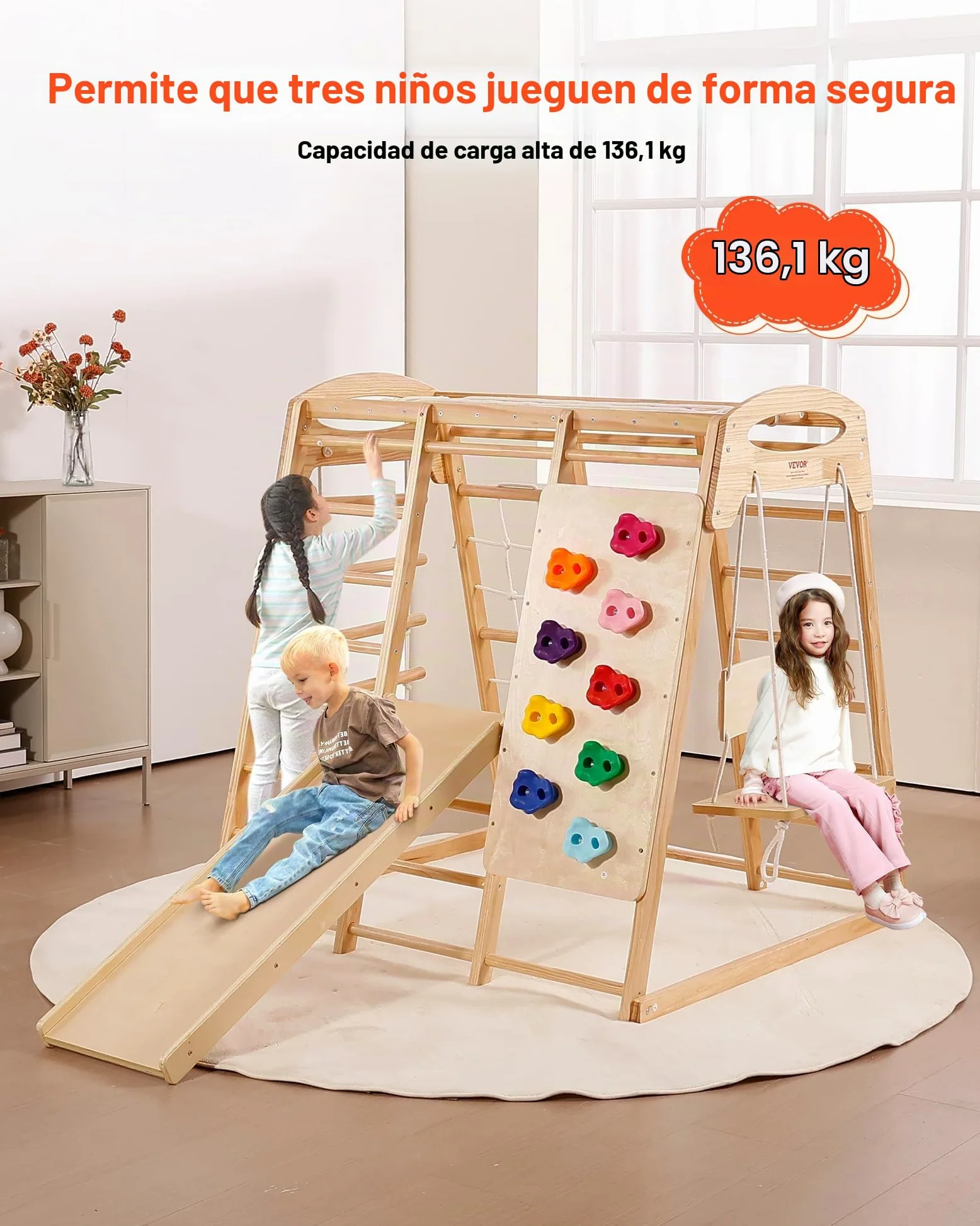 VEVOR Parque Infantil de Interior, Gimnasio de Interior para Niños de Madera, Multifunción con Juguetes de Escalada Tobogán Columpio Barras de Mono Escalera de Malla, Conjunto de Juegos para Niños