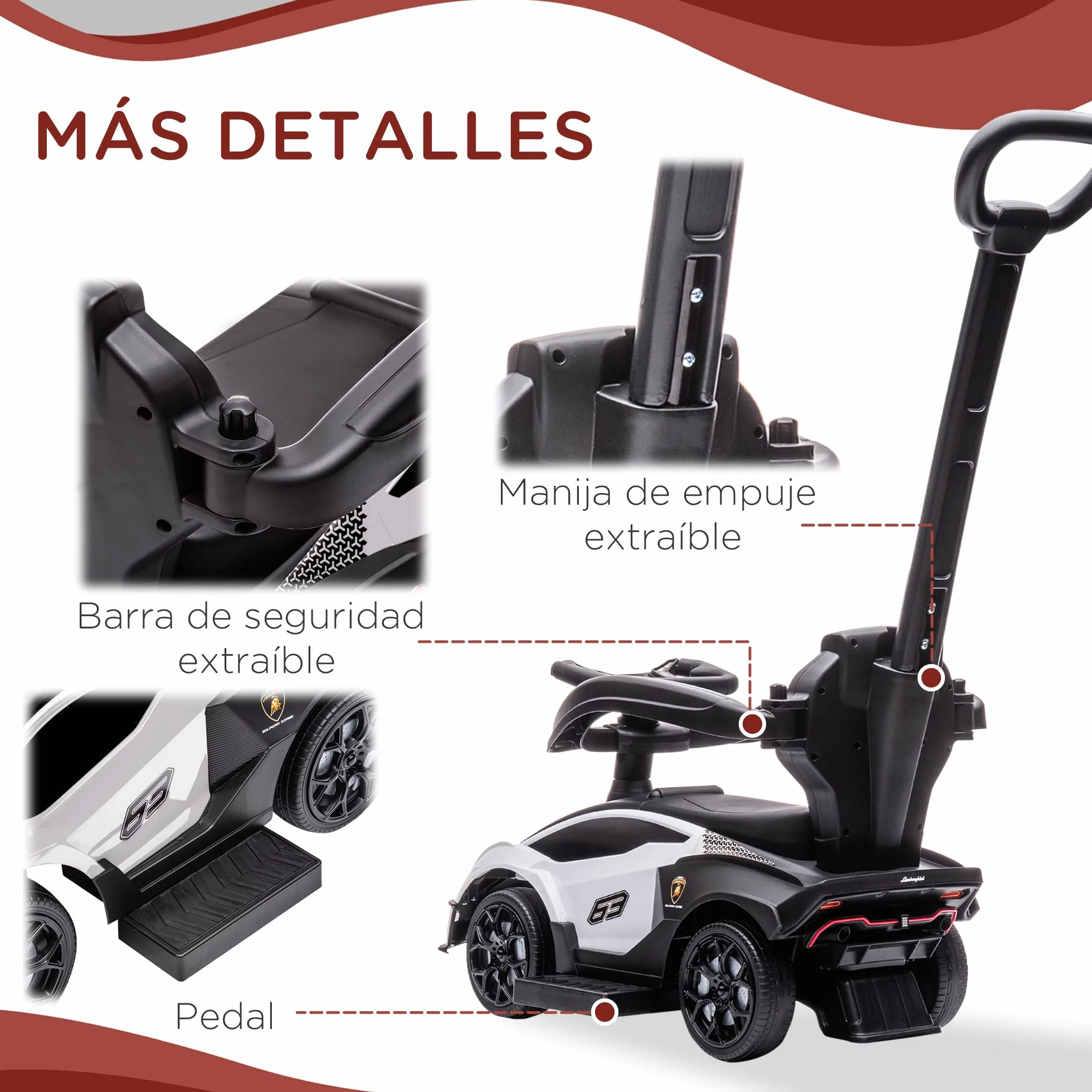 AIYAPLAY 2 en 1 Coche Correpasillos para Niños 12-36 Meses Lamborghini Essenza SCV12 Andador Empujador con Bocina Mango de Empuje y Barandilla Extraíbles 86,5x40x89,5 cm Blanco y Negro