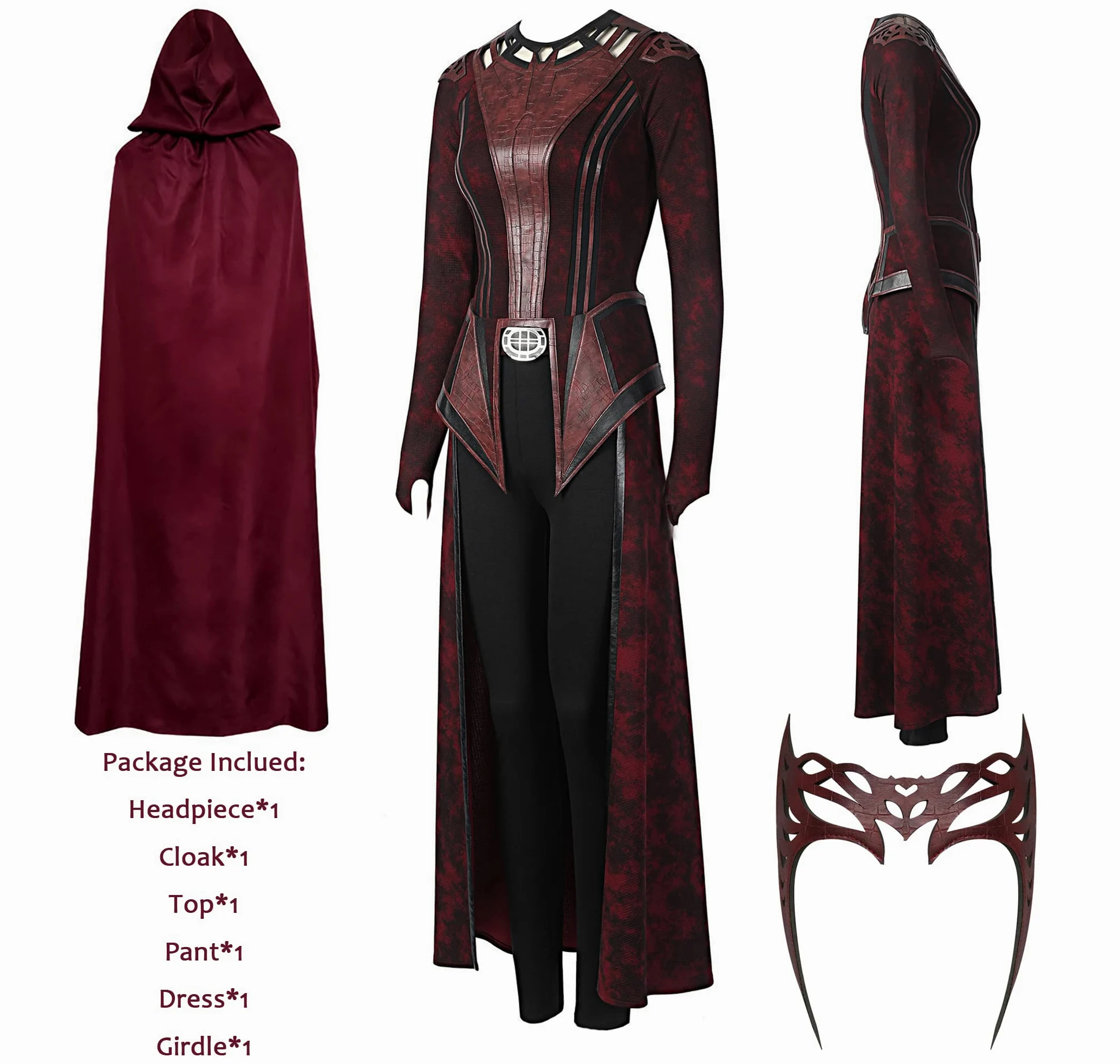 SINSEN Disfraz de bruja escarlata para mujer, disfraz de Wanda Maximoff, disfraz de cosplay con capucha, capa, chaqueta, pantalones, traje para la cabeza, fiesta de Halloween, conjunto completo