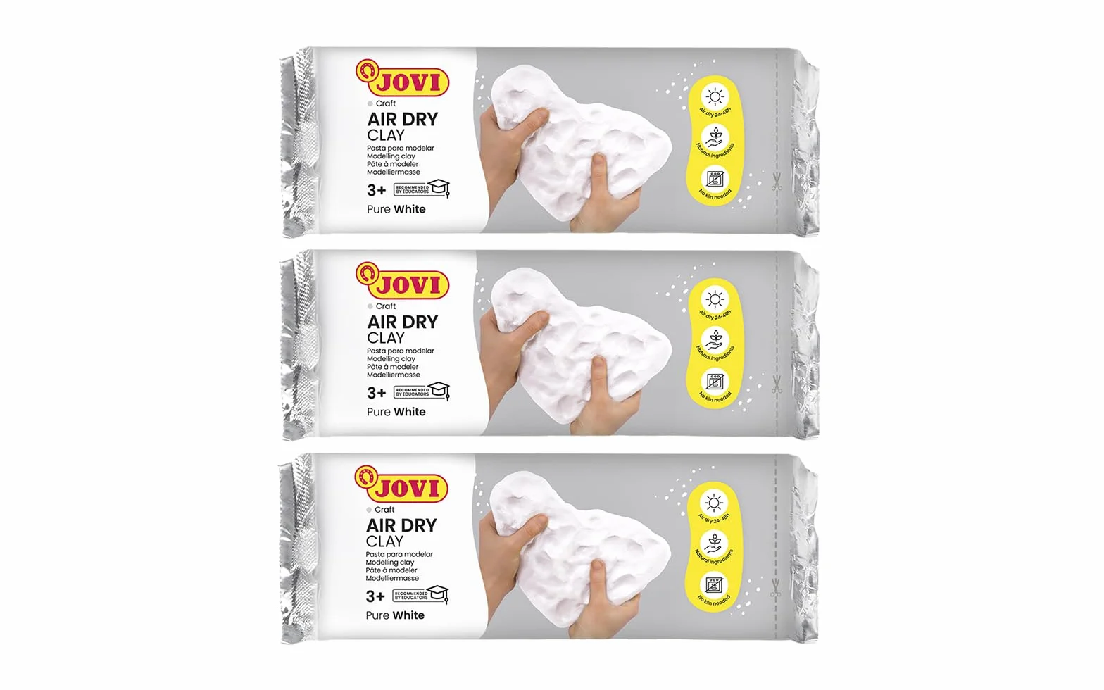 Jovi - Kit Air Dry de 3 uds de 250gr, arcilla de secado al aire, Blanco | Pasta para modelar sin horno, no tóxica y sin gluten
