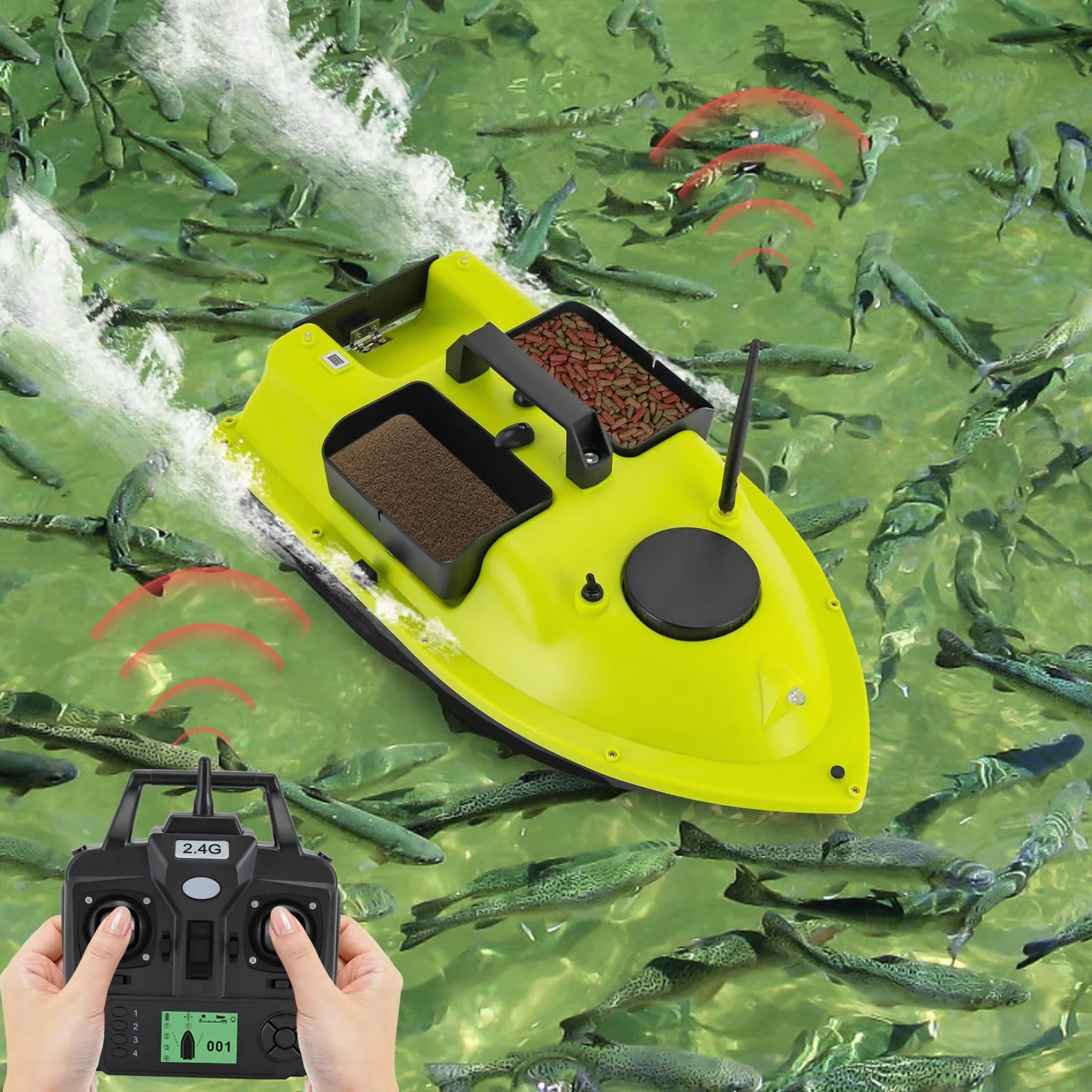 Barco de pesca con GPS, 99 posiciones, motor dual de 52 W, batería de 90 min, alcance de 600 m, mando a distancia LCD, incluye bolsa de transporte
