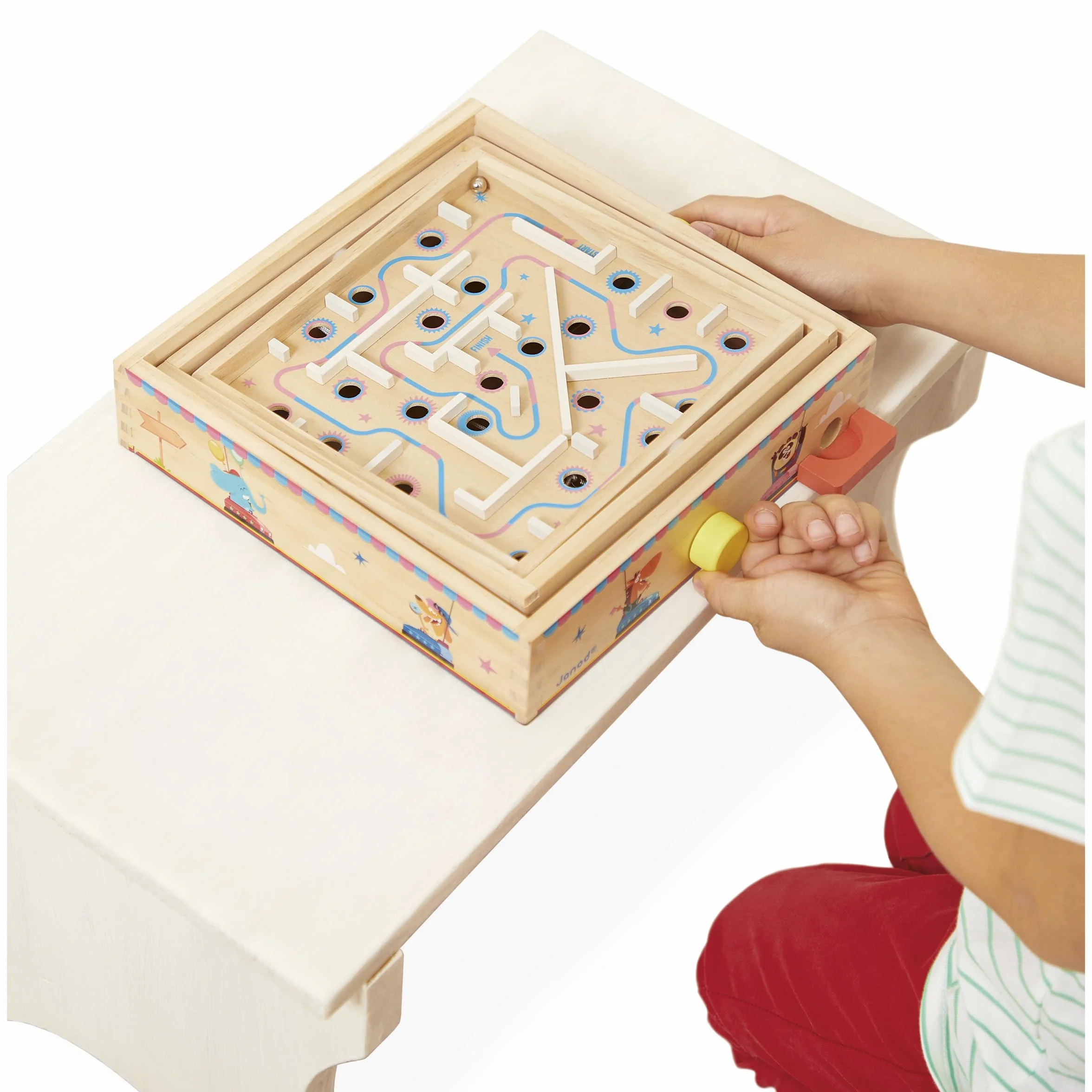 Janod Juego Laberinto de Madera para Niños y Adultos - Juguete Tradicional - Carrera de Canicas - 2 Canicas de Metal Suministradas - Desarrolla la Concentración y la Habilidad - A Partir de 5 años