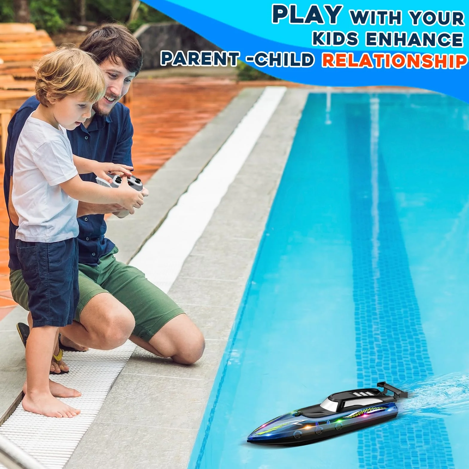 Barco de Control Remoto, 2.4 GHz Barco eléctrico Impermeable de Alta Velocidad con 2 baterías Recargables y luz LED Barcos eléctrico inalámbrico Ship de Carreras para niños Adultos (Blue)