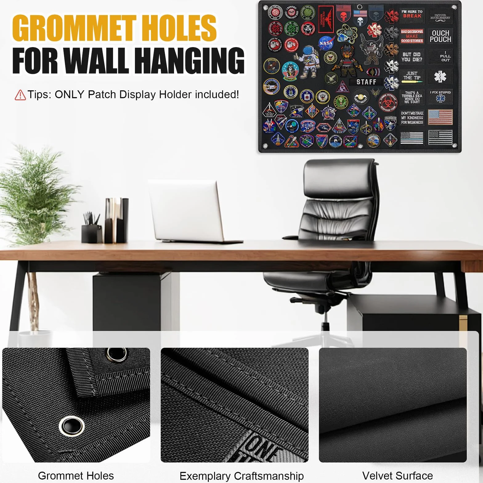Panel Táctico para Parches 60x45 cm Negro con 6 Ganchos Plegable