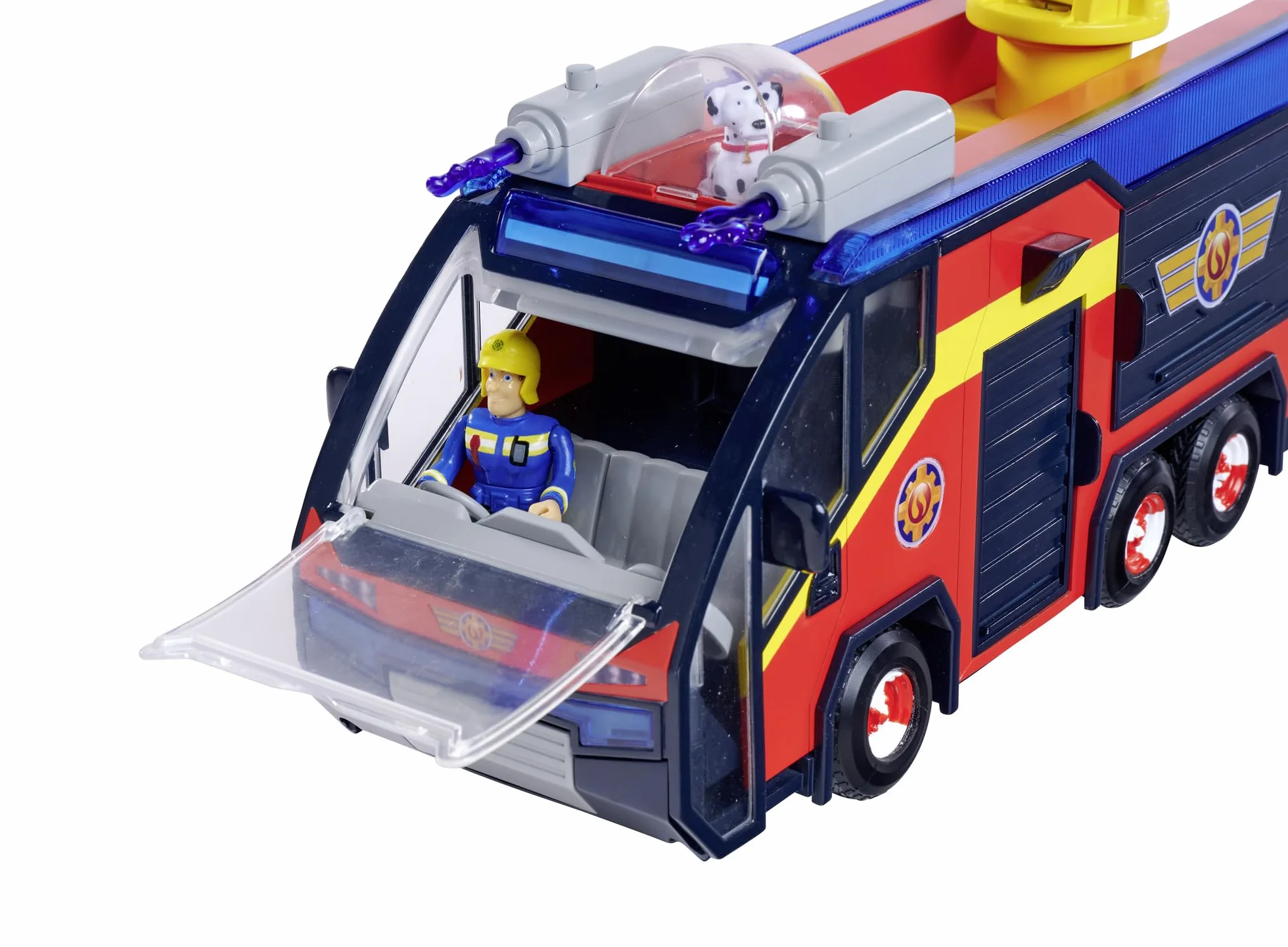 Simba 109252595 Figura de Júpiter Bombero, camión de Bomberos, Sam y Radar, Efectos de luz, Sirena, Escalera giratoria, Flechas de Agua, Plataforma para Quad, 32 cm, Accesorios, a Partir de 3 años