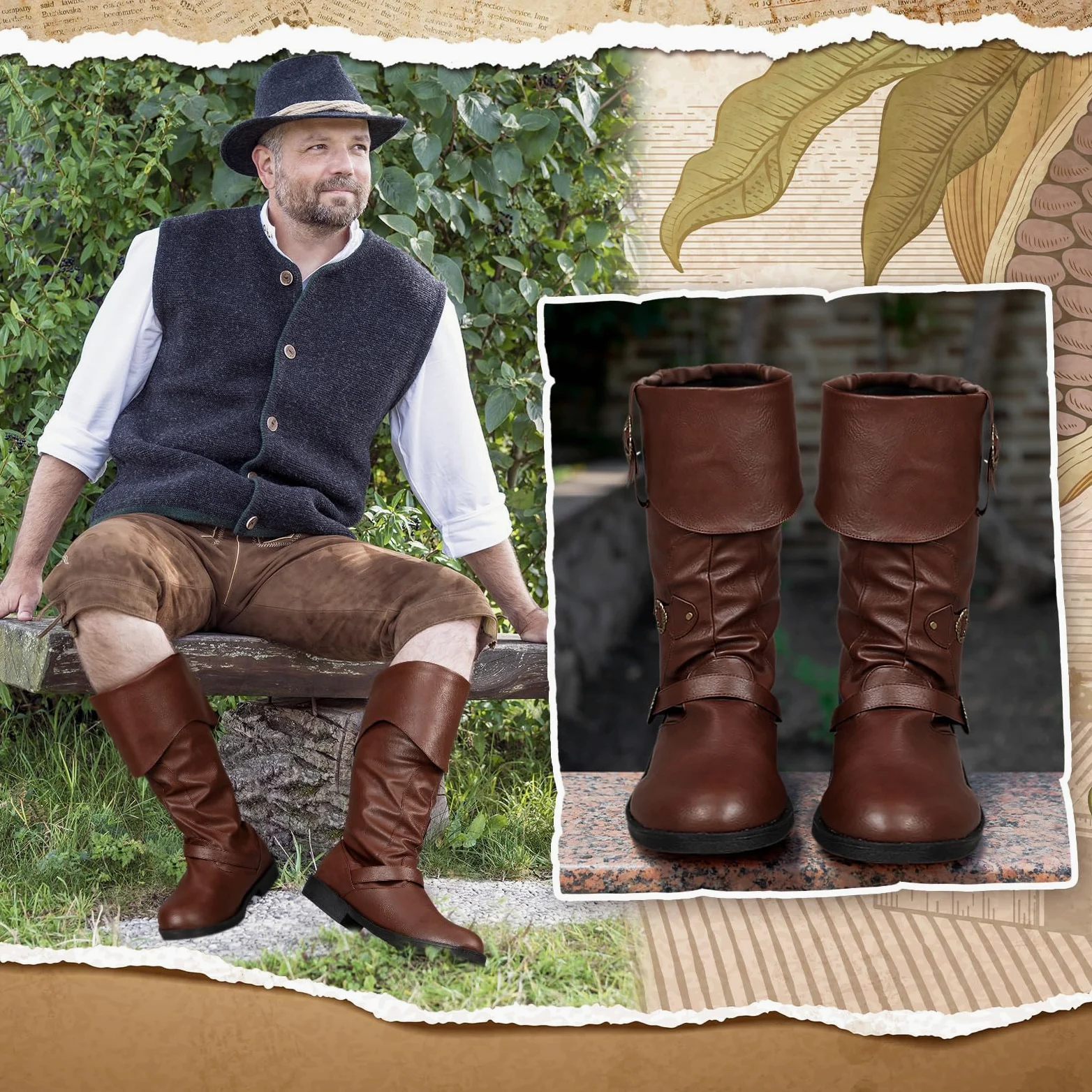 Cuffbow Botas de disfraz de pirata para hombre, medieval, renacentista, steampunk, para cosplay, Halloween, gótico, con botones, zapatos de piel