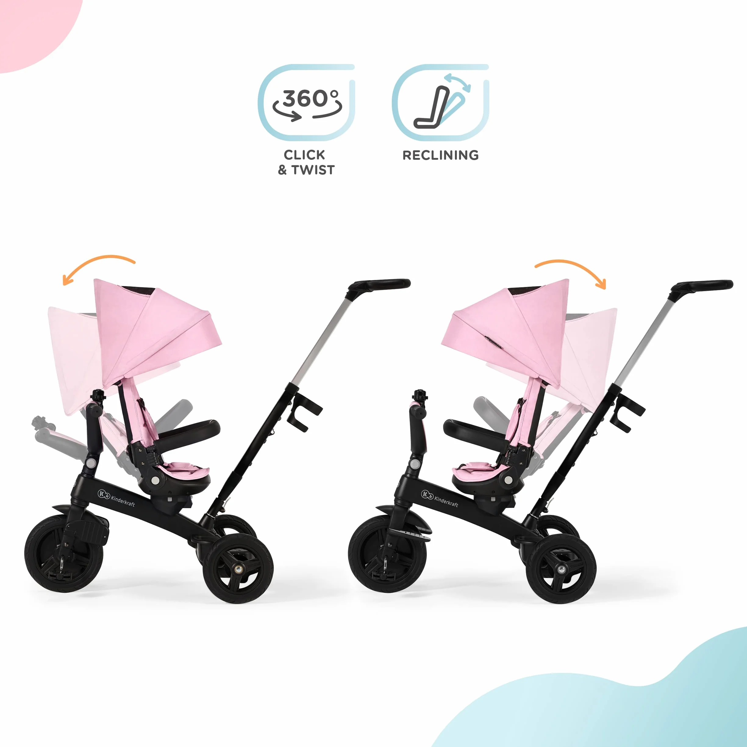 Kinderkraft Triciclo Evolutivo TWIPPER, Asiento Giratorio 360 Grados, 9 Meses a 5 Años, Rosa