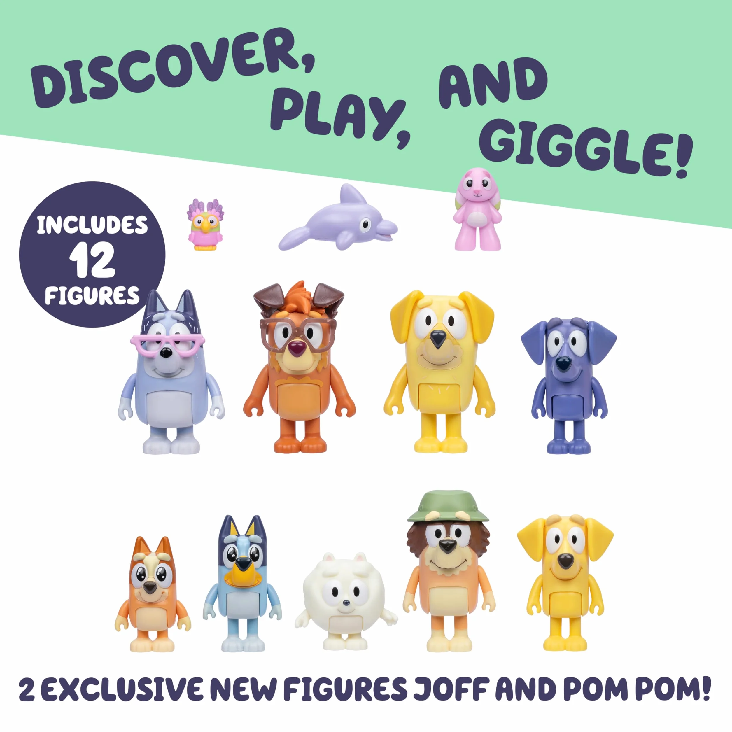 BLUEY Pack de 12 Figuras Lo Mejor para Contar Historias, el Set de Juego para Fans, Contiene 12 Figuras de Tus Personajes preferidos de la Serie, Incluidas Dos Figuras exclusivas de Joff y Pom Pom