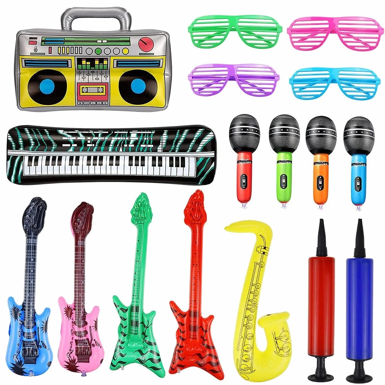 16 Piezas Instrumentos Inflables Rock Colorido Inflable Guitarra Micrófonos Saxofón Inflable Piano Inflable Bajo Inflable Gafas de Radio + Bomba de Aire para Celebraciones Carnaval