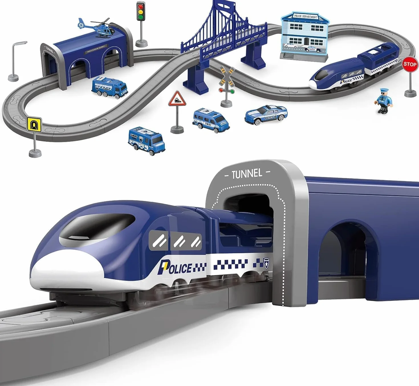 Wdmiya Ferrocarril eléctrico para niños 3 4 5 6 7 8 años, sistema de carril flexible con 66 piezas, vehículos de construcción y nave espacial, juego de carreras creativo para niños y niñas (66