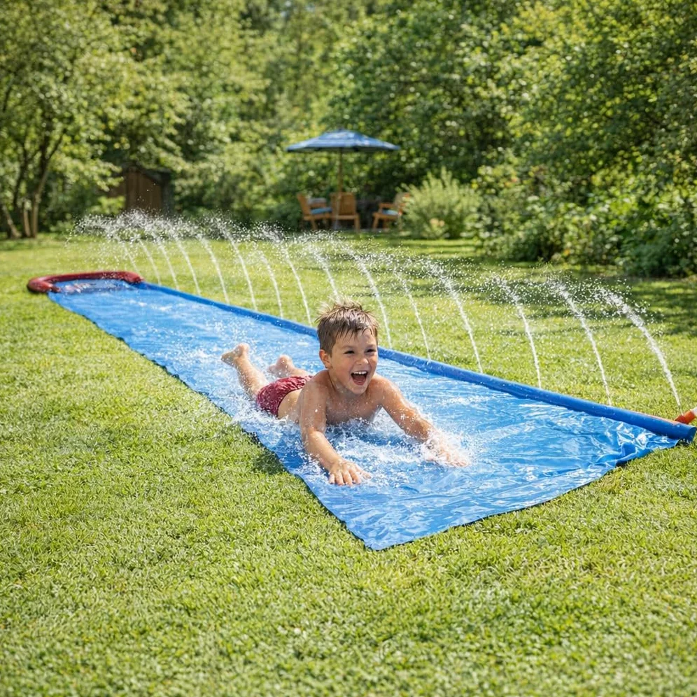 Tobogán acuático de 4,88 m – Juego de agua para jardín para niños, conexión a manguera de jardín, PVC, incluye parche de reparación