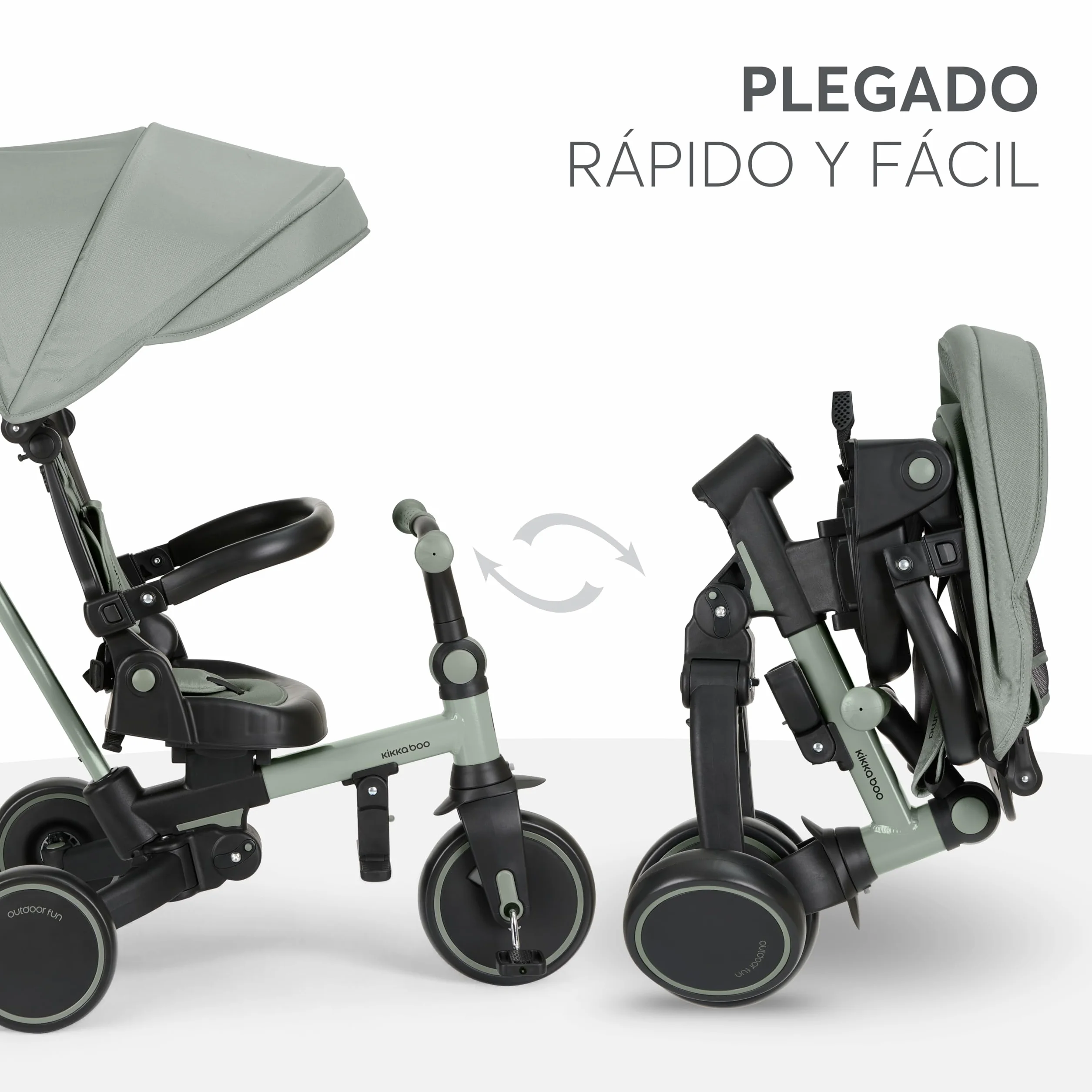 KikkaBoo Triciclo Evolutivo ALUMA 8 en 1, Triciclo Bebé Plegable con Manillar Padres, Asiento Reversible, Capota Ajustable, Arnés 5 Puntos, Marco Aluminio, Verde