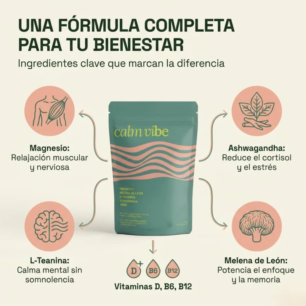 Magnesio Bisglicinato con Ashwagandha, L-Teanina y GABA Complemento Alimenticio 30 Dosis Sabor Sandía